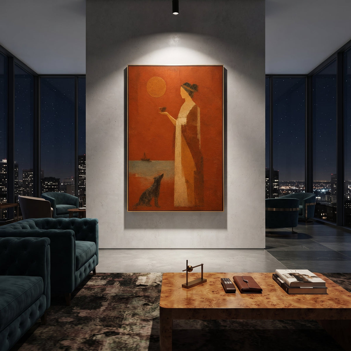 "Penelope And Argos Waiting" gathers a classical woman and dark hound beneath an orange sun, turning the canvas toward the emotional center of the Odyssey: waiting at home while the sea keeps the hero away. The woman holding a bowl feels ceremonial and patient; the dog beside her recalls Argos, the loyal witness to return. Warm orange, beige and brown impasto softens the myth into intimate domestic symbolism. This vertical work suits bedrooms, dining rooms and reading corners, bringing loyalty