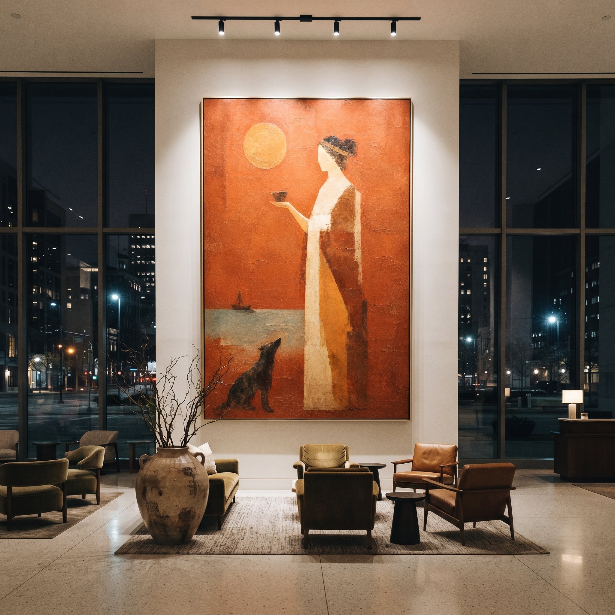 "Penelope And Argos Waiting" gathers a classical woman and dark hound beneath an orange sun, turning the canvas toward the emotional center of the Odyssey: waiting at home while the sea keeps the hero away. The woman holding a bowl feels ceremonial and patient; the dog beside her recalls Argos, the loyal witness to return. Warm orange, beige and brown impasto softens the myth into intimate domestic symbolism. This vertical work suits bedrooms, dining rooms and reading corners, bringing loyalty