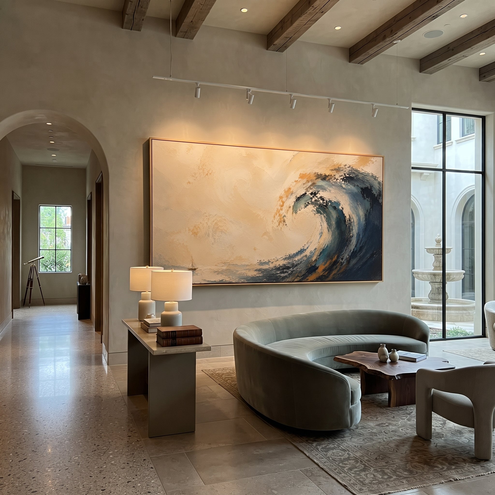 "Poseidon Wave Odyssey" turns the sea into Poseidon anger, raising a curling blue wave against a pale golden horizon while a tiny sail survives at the edge of the storm. Sculptural impasto builds the crest like force made physical, with scraped foam and deep blue shadow suggesting the god who keeps Odysseus from home. The panoramic layout gives the wave breadth and authority. This coastal work brings dramatic Homeric motion to living rooms, offices and vacation homes, pairing mythic seascape
