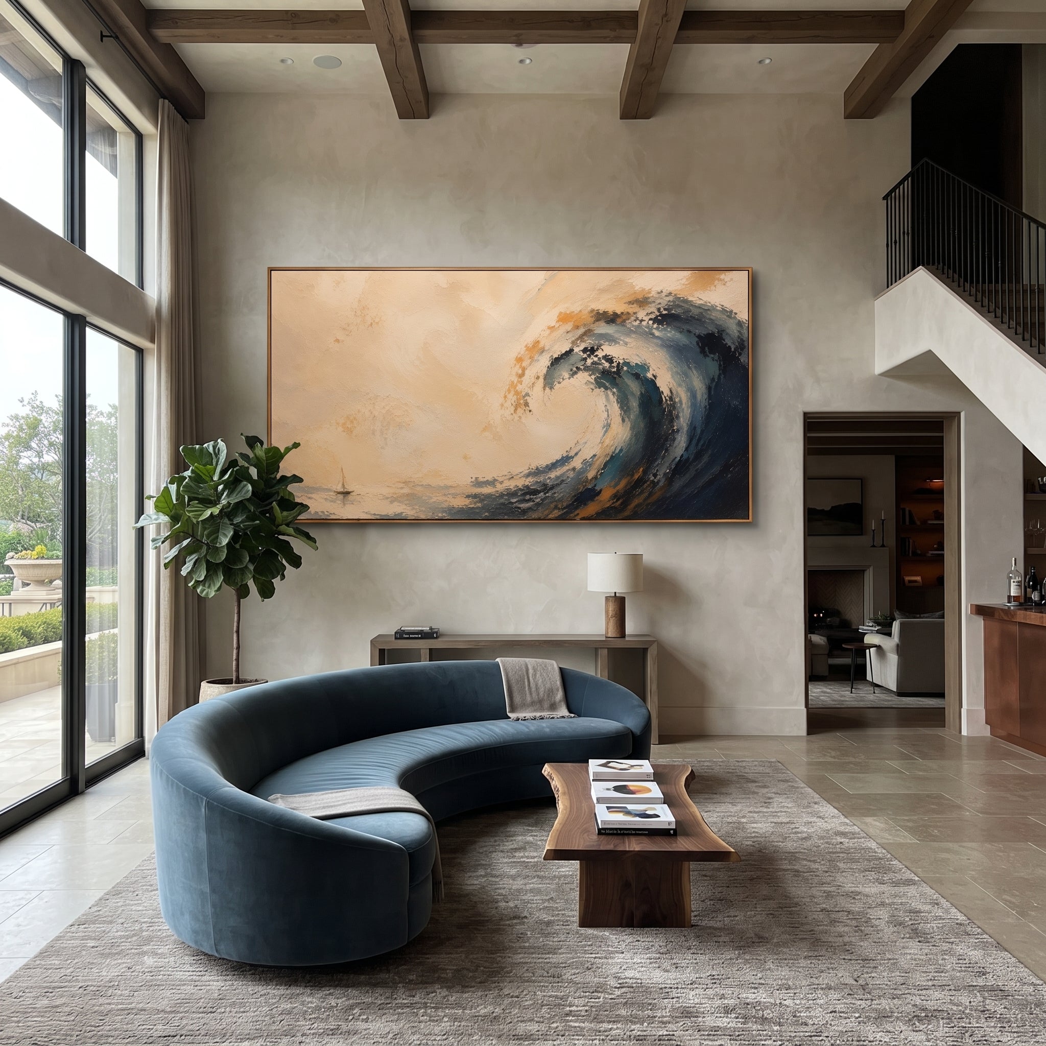 "Poseidon Wave Odyssey" turns the sea into Poseidon anger, raising a curling blue wave against a pale golden horizon while a tiny sail survives at the edge of the storm. Sculptural impasto builds the crest like force made physical, with scraped foam and deep blue shadow suggesting the god who keeps Odysseus from home. The panoramic layout gives the wave breadth and authority. This coastal work brings dramatic Homeric motion to living rooms, offices and vacation homes, pairing mythic seascape