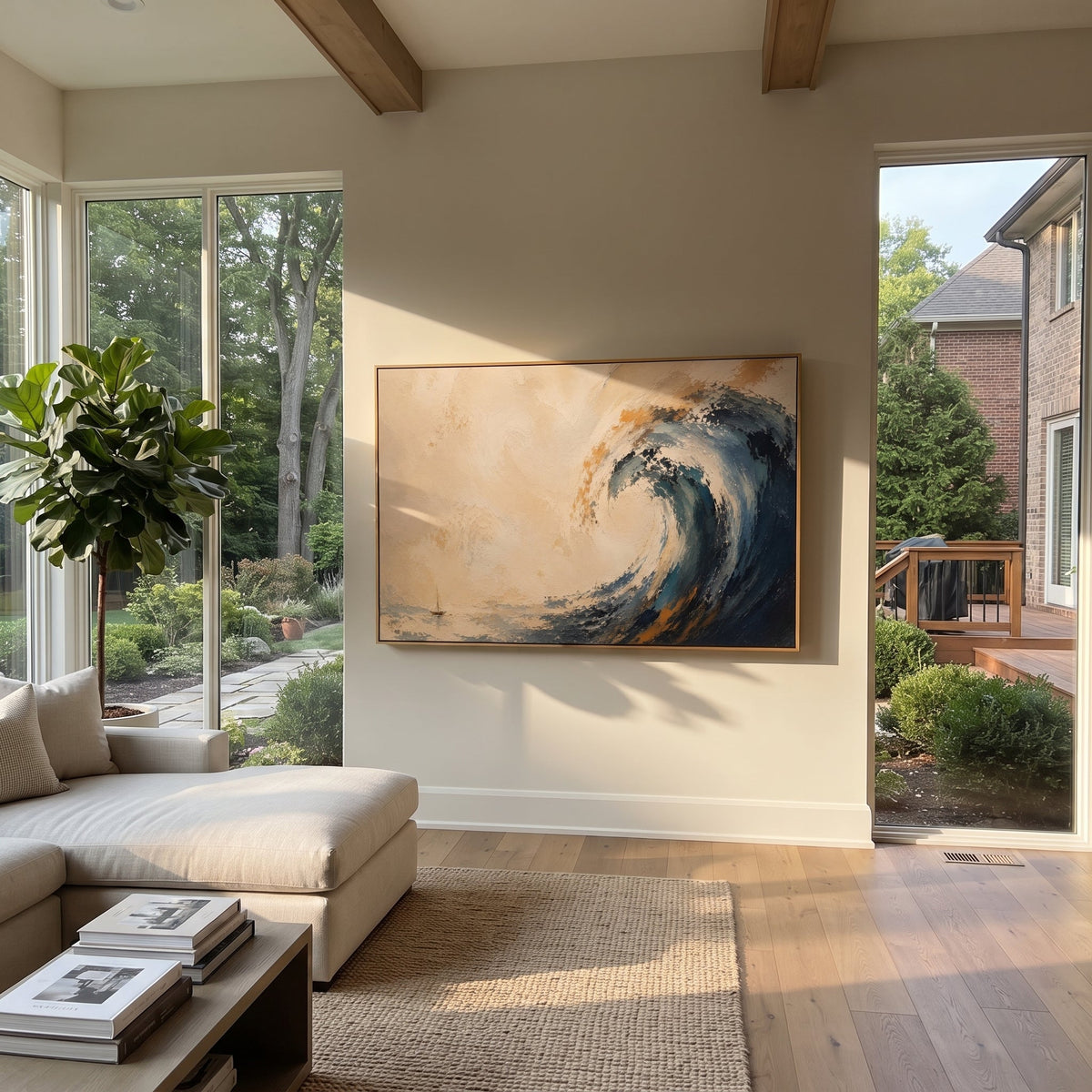 "Poseidon Wave Odyssey" turns the sea into Poseidon anger, raising a curling blue wave against a pale golden horizon while a tiny sail survives at the edge of the storm. Sculptural impasto builds the crest like force made physical, with scraped foam and deep blue shadow suggesting the god who keeps Odysseus from home. The panoramic layout gives the wave breadth and authority. This coastal work brings dramatic Homeric motion to living rooms, offices and vacation homes, pairing mythic seascape