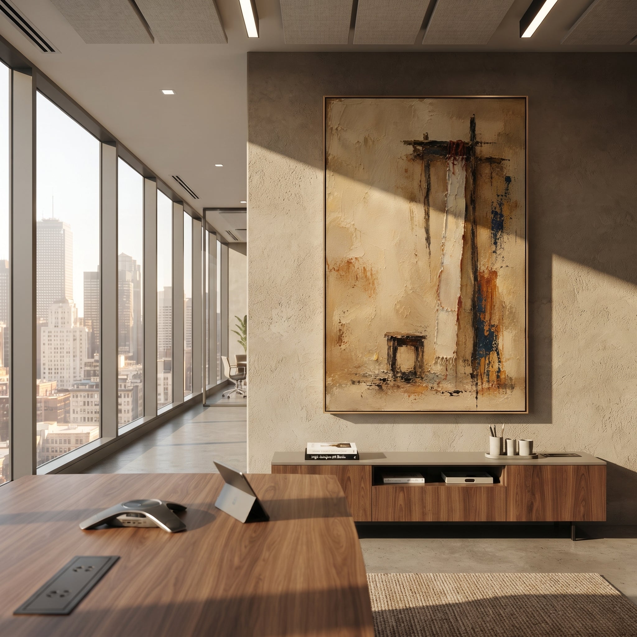 "Penelope Weaving Room" transforms suspended cloth, thin vertical marks and a small chair-like form into the quiet room of Penelope loom. The image suggests the famous weaving and unweaving, where patience becomes strategy and domestic space becomes a battlefield of time. Beige plaster, brown marks and blue-black accents create a weathered interior surface full of restraint. This vertical canvas brings contemplative Odyssey storytelling to bedrooms, studies and minimalist interiors, honoring