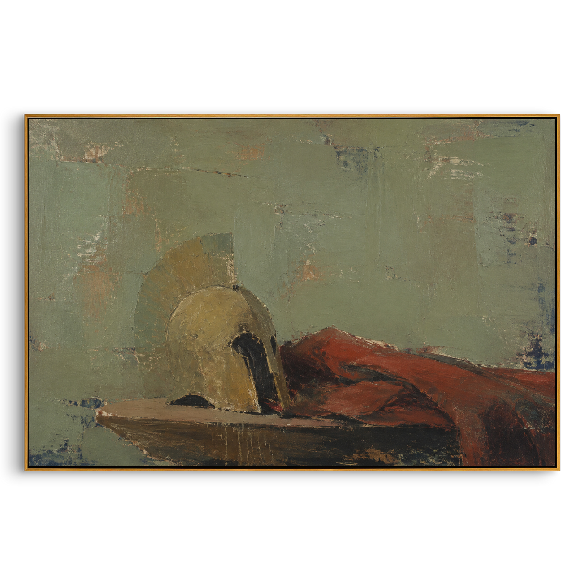 "Achilles Armor Memory" places a fallen helmet and red cloth against a green field, evoking the heroic armor and battlefield memory that shadow Odysseus after Troy. The objects feel abandoned after glory, more elegy than victory. Muted green, brown and red impasto turns the surface into an ancient wall where war has left its stain. This horizontal canvas suits studies, living rooms and hallways, bringing classical martial symbolism into a restrained modern Mediterranean composition.