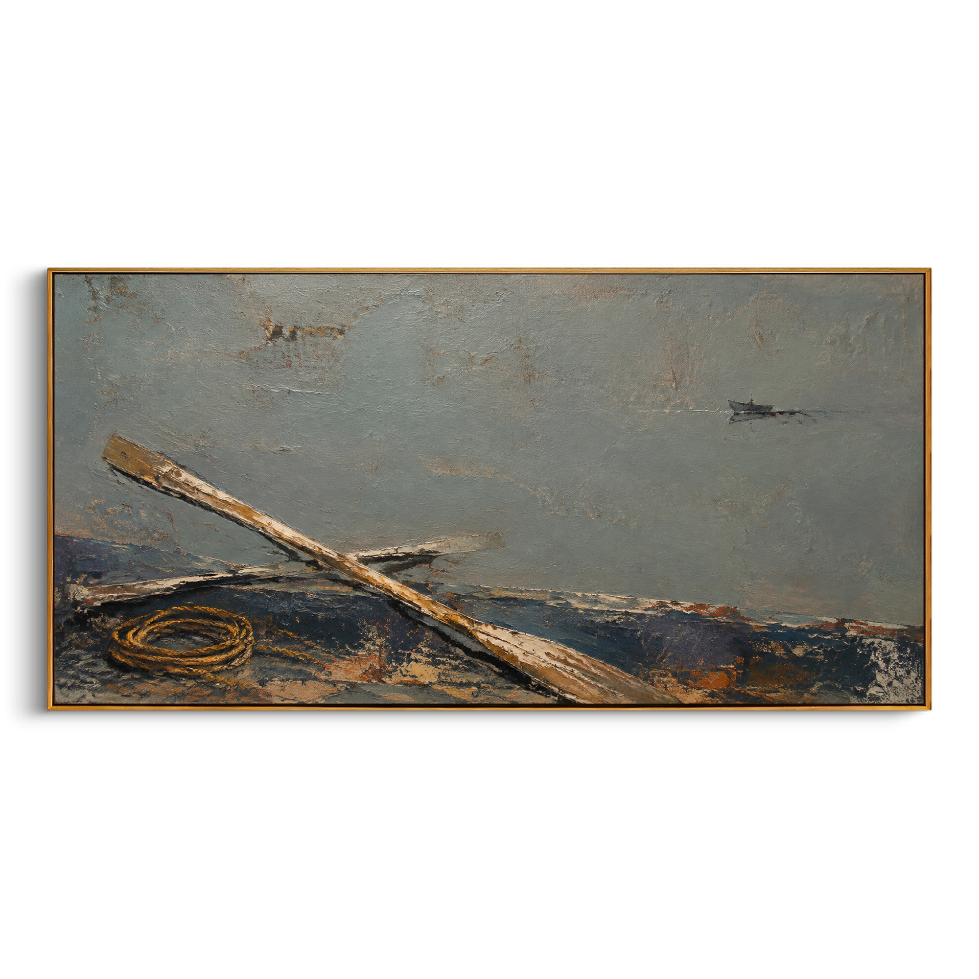 "Oars After Poseidon Storm" strips the voyage down to crossed oars, rope and a low blue-grey horizon, as if the ship has just survived the god sea. The tools lie still, but they carry exhaustion, salt and the labor of return. Raised impasto gives wood, water and air a rough tactile memory. This panoramic work is ideal above sofas, beds and dining tables, bringing understated Odyssey seafaring symbolism to coastal, minimalist and wabi-sabi interiors.