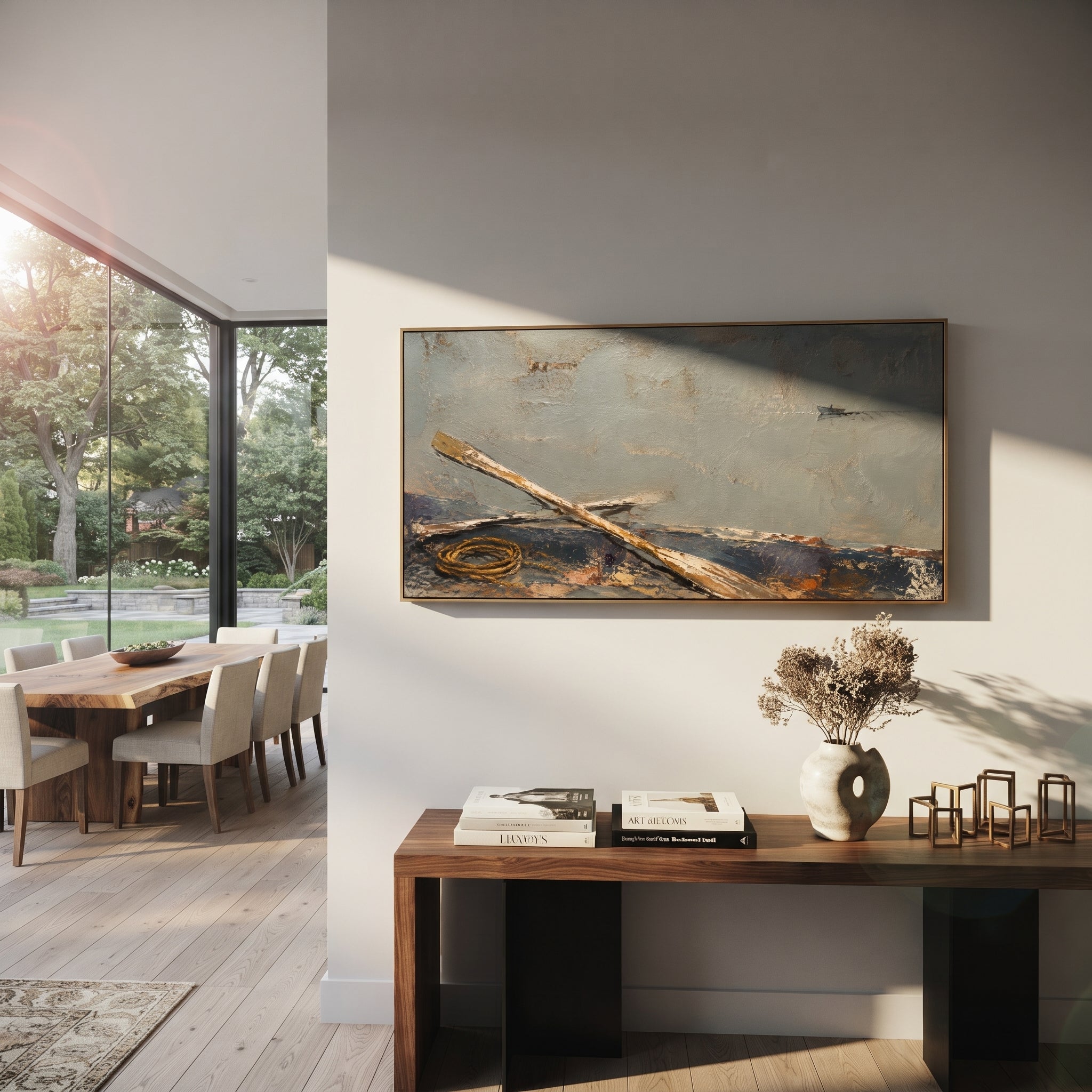 "Oars After Poseidon Storm" strips the voyage down to crossed oars, rope and a low blue-grey horizon, as if the ship has just survived the god sea. The tools lie still, but they carry exhaustion, salt and the labor of return. Raised impasto gives wood, water and air a rough tactile memory. This panoramic work is ideal above sofas, beds and dining tables, bringing understated Odyssey seafaring symbolism to coastal, minimalist and wabi-sabi interiors.