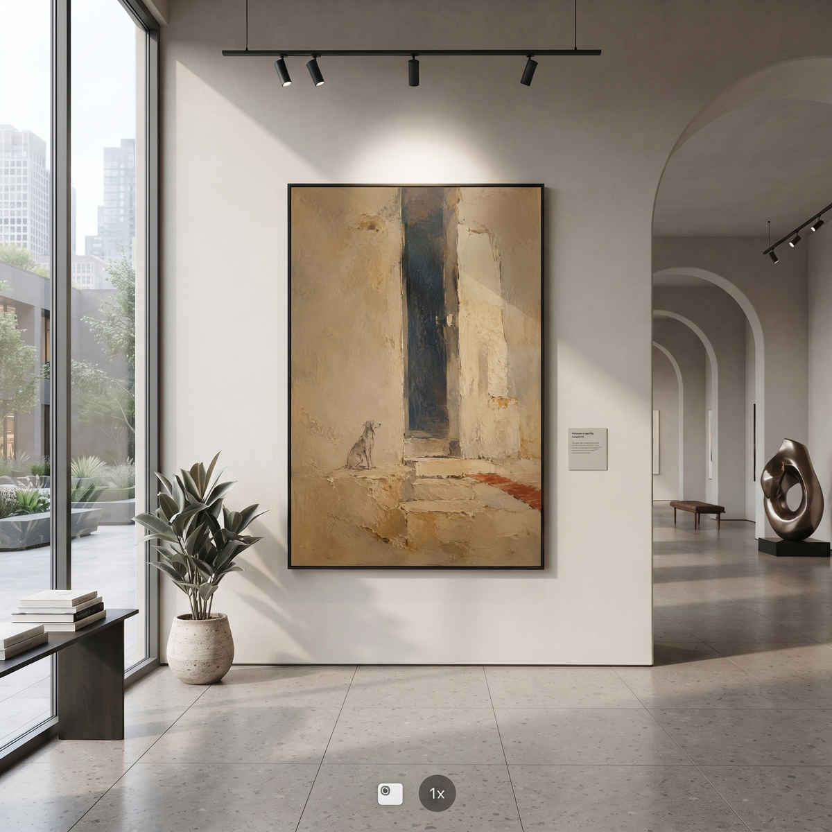 "Argos At Ithaca Door" imagines the loyal dog waiting near a sun-worn doorway, with pale cloth and stone steps turning the scene into a quiet Ithaca threshold. In the Odyssey, recognition is not always grand; sometimes it lives in the patient animal who remembers the master before others do. Beige, grey and brown plaster texture gives the entrance a tender aged warmth. This vertical canvas brings loyalty, homecoming and Mediterranean architecture to bedrooms, entryways and calm living spaces.