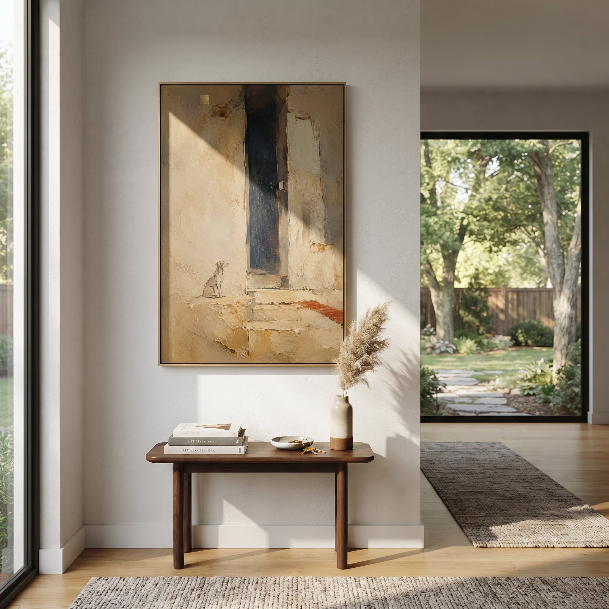 "Argos At Ithaca Door" imagines the loyal dog waiting near a sun-worn doorway, with pale cloth and stone steps turning the scene into a quiet Ithaca threshold. In the Odyssey, recognition is not always grand; sometimes it lives in the patient animal who remembers the master before others do. Beige, grey and brown plaster texture gives the entrance a tender aged warmth. This vertical canvas brings loyalty, homecoming and Mediterranean architecture to bedrooms, entryways and calm living spaces.