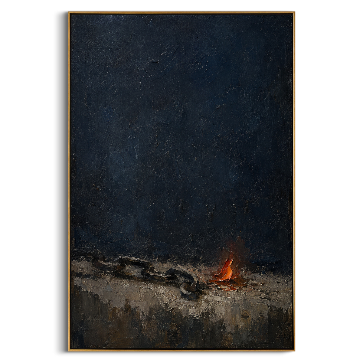 "Prometheus Fire And Chain" reaches beyond Odysseus into Greek mythic punishment, showing a heavy chain and small orange fire against dark blue-black ground. Within the Odyssey mood, it reads as a symbol of trial, endurance and the cost of defying gods. Dense impasto shadow and ember-like strokes create a nocturnal shore where suffering becomes image. This vertical work brings powerful classical drama to studies, lounges and modern interiors that need depth and contrast.