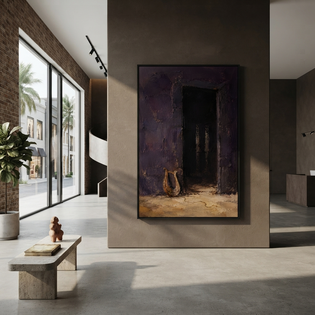 "Phemius Lyre At The Dark Hall" places a small lyre before a black doorway, recalling the bard in Odysseus hall who sings while the suitors consume the house. The instrument waits in purple and golden shadow, carrying song, fear and memory before recognition arrives. Thick palette-knife texture makes the doorway feel like a stage between silence and revelation. This vertical canvas suits music rooms, studies and intimate interiors, blending Homeric performance with moody Mediterranean