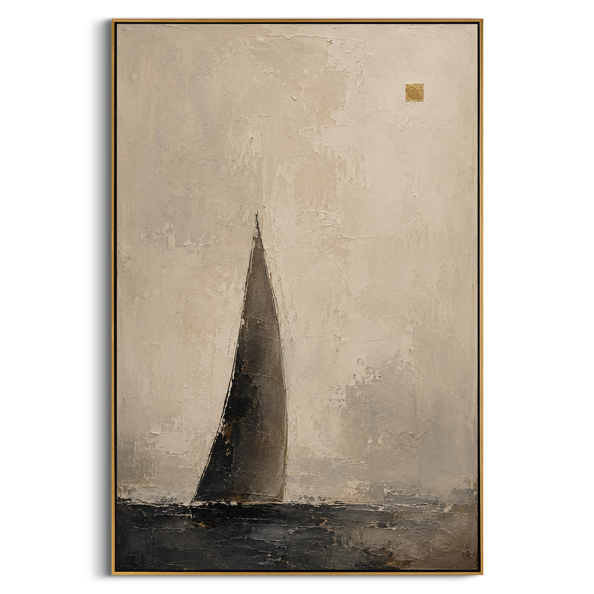 "Odysseus Black Sail Return" follows a lone black sail across a pale textured sea, turning the long homeward voyage into a minimal sign on the horizon. The empty space around the boat suggests isolation, endurance and the years between Troy and Ithaca. White, black and golden plaster texture gives the quiet image handmade tension without crowding it. This vertical work suits minimalist bedrooms, offices and calm living rooms, bringing Odyssey travel symbolism into a refined abstract form.
