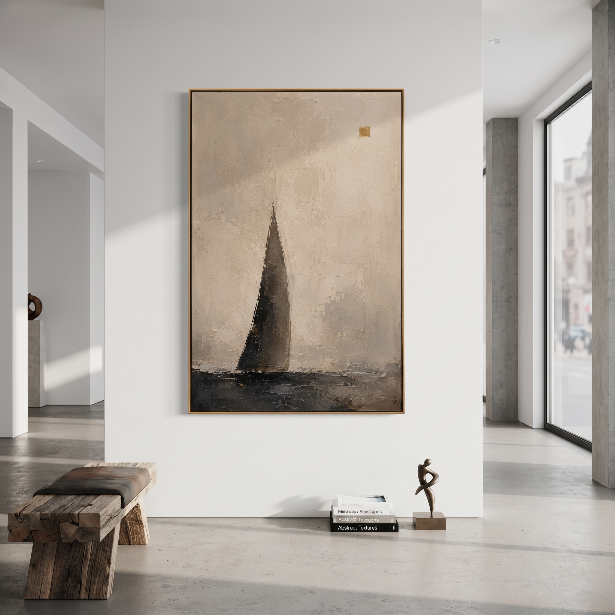 "Odysseus Black Sail Return" follows a lone black sail across a pale textured sea, turning the long homeward voyage into a minimal sign on the horizon. The empty space around the boat suggests isolation, endurance and the years between Troy and Ithaca. White, black and golden plaster texture gives the quiet image handmade tension without crowding it. This vertical work suits minimalist bedrooms, offices and calm living rooms, bringing Odyssey travel symbolism into a refined abstract form.