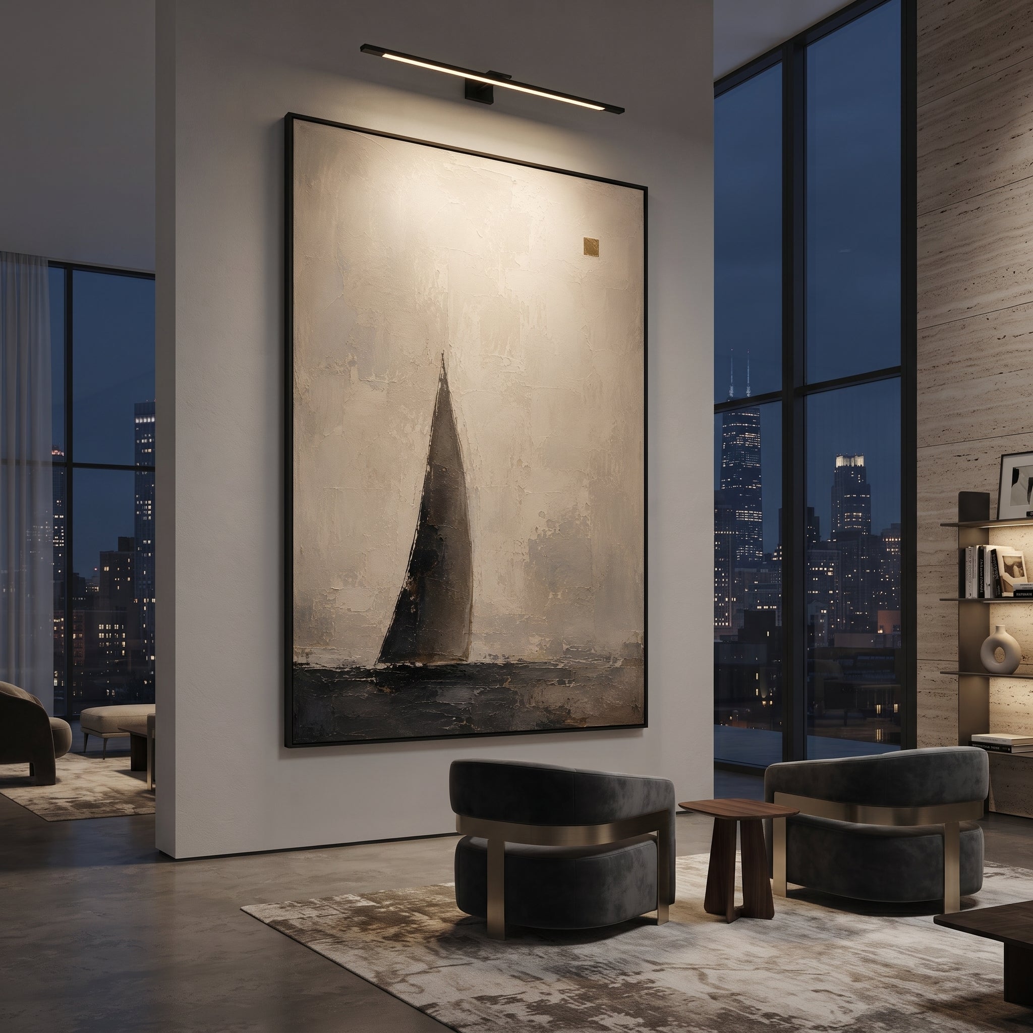 "Odysseus Black Sail Return" follows a lone black sail across a pale textured sea, turning the long homeward voyage into a minimal sign on the horizon. The empty space around the boat suggests isolation, endurance and the years between Troy and Ithaca. White, black and golden plaster texture gives the quiet image handmade tension without crowding it. This vertical work suits minimalist bedrooms, offices and calm living rooms, bringing Odyssey travel symbolism into a refined abstract form.