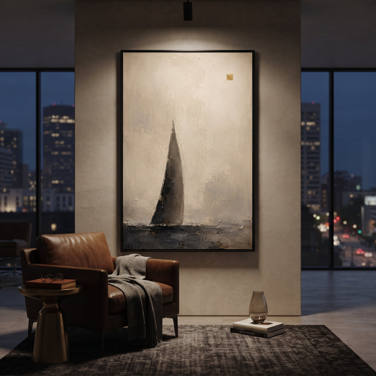 "Odysseus Black Sail Return" follows a lone black sail across a pale textured sea, turning the long homeward voyage into a minimal sign on the horizon. The empty space around the boat suggests isolation, endurance and the years between Troy and Ithaca. White, black and golden plaster texture gives the quiet image handmade tension without crowding it. This vertical work suits minimalist bedrooms, offices and calm living rooms, bringing Odyssey travel symbolism into a refined abstract form.