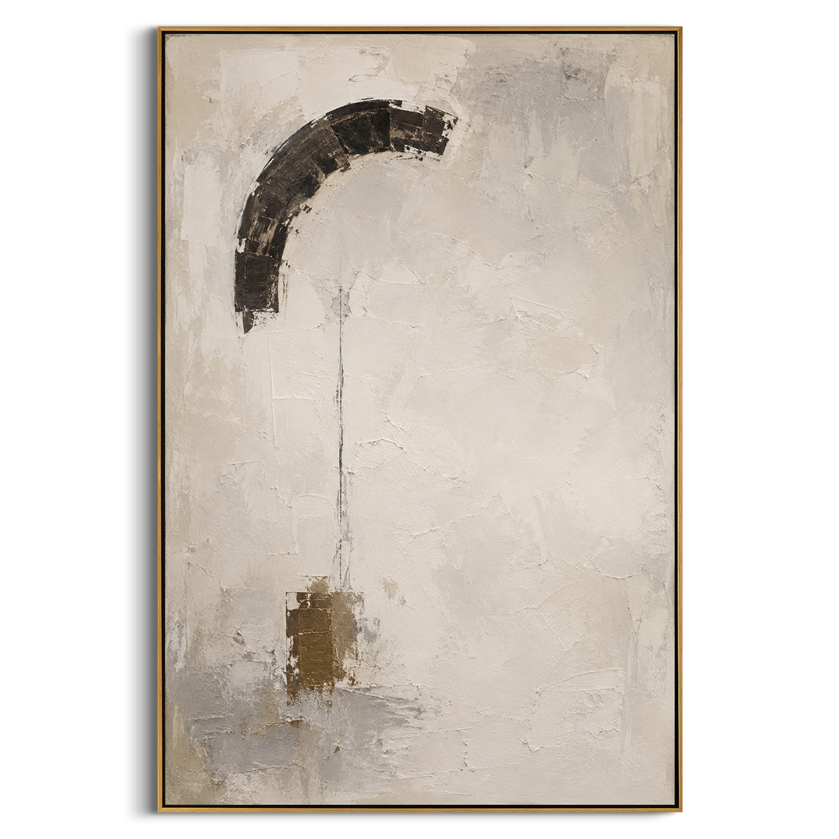 "Hermes Message Banner" suspends a dark curved sign over a pale field, with a fine line and small golden weight suggesting the moment a divine message enters the mortal world. The Odyssey is moved by warnings, bargains and interventions, and this abstract banner feels like one of those signs made visible. White, grey and golden impasto creates a quiet ritual surface. This vertical canvas suits serene bedrooms, corridors and studies, adding restrained Homeric symbolism to wabi-sabi interiors.