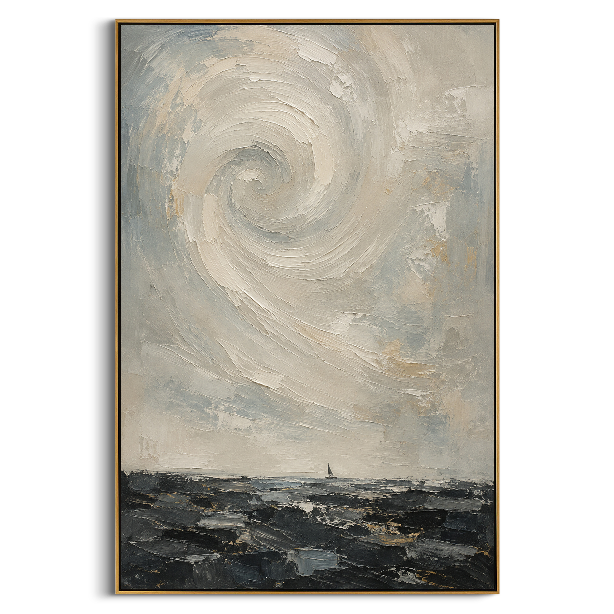 "Charybdis Whirlpool Odyssey" lifts a pale spiral over dark water, transforming the monster whirlpool into a soft but dangerous atmospheric force. The sea below remains low and blackened, while the white and blue vortex gathers above it like memory of a ship nearly swallowed. Thick circular palette-knife strokes create movement and pressure without literal illustration. This vertical seascape brings mythic tension to bathrooms, bedrooms, coastal living spaces and quiet offices, blending Homeric