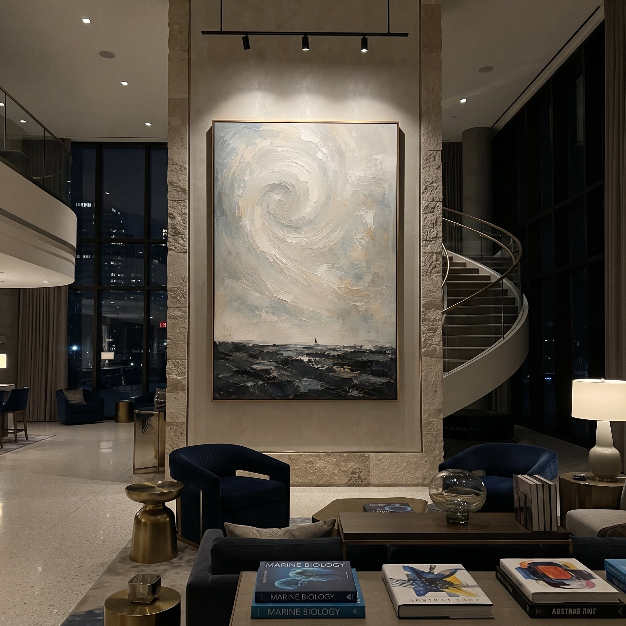 "Charybdis Whirlpool Odyssey" lifts a pale spiral over dark water, transforming the monster whirlpool into a soft but dangerous atmospheric force. The sea below remains low and blackened, while the white and blue vortex gathers above it like memory of a ship nearly swallowed. Thick circular palette-knife strokes create movement and pressure without literal illustration. This vertical seascape brings mythic tension to bathrooms, bedrooms, coastal living spaces and quiet offices, blending Homeric
