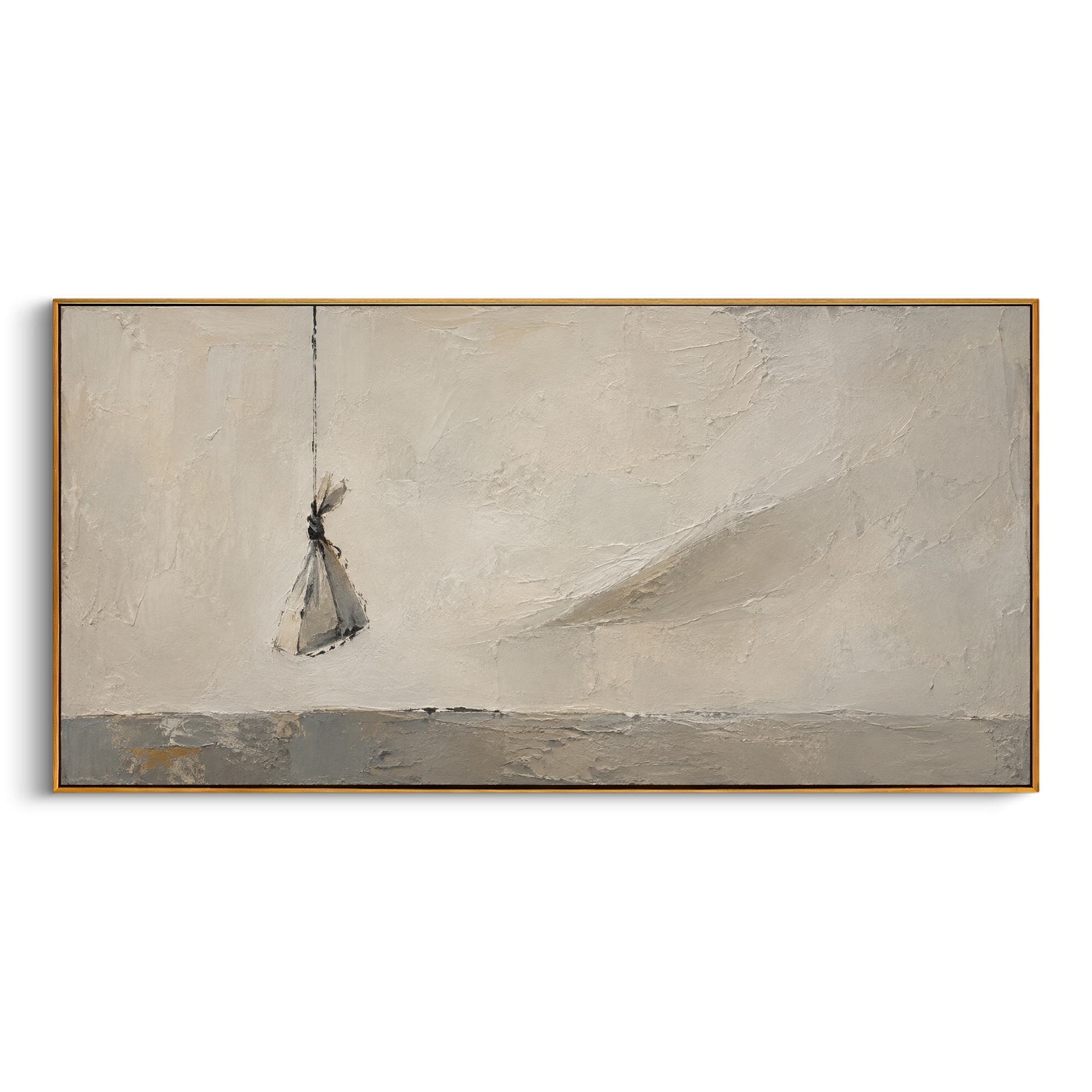 "Aeolus Wind Bag" shows a small suspended bundle drifting across a long pale horizon, recalling the bag of winds given to Odysseus and the fragile trust that was lost when it was opened. The object hangs alone, full of invisible force and consequence. White, grey and beige plaster texture makes the air feel sun-bleached, salt-worn and tense. Its panoramic layout gives the story room to breathe above sofas, beds and consoles, bringing subtle Odyssey symbolism into minimalist Mediterranean