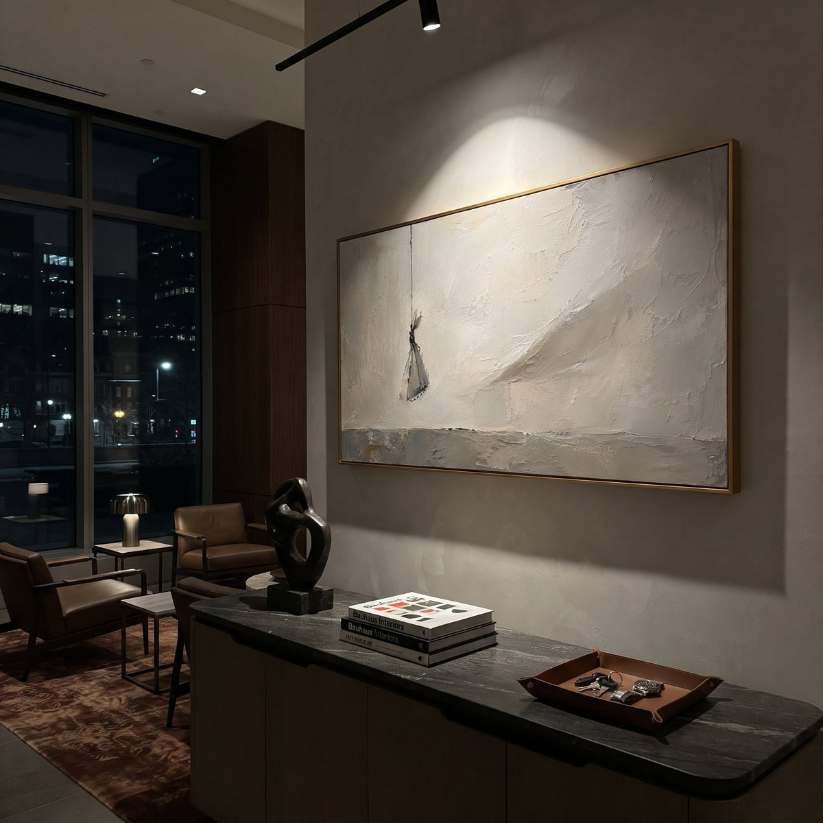 "Aeolus Wind Bag" shows a small suspended bundle drifting across a long pale horizon, recalling the bag of winds given to Odysseus and the fragile trust that was lost when it was opened. The object hangs alone, full of invisible force and consequence. White, grey and beige plaster texture makes the air feel sun-bleached, salt-worn and tense. Its panoramic layout gives the story room to breathe above sofas, beds and consoles, bringing subtle Odyssey symbolism into minimalist Mediterranean