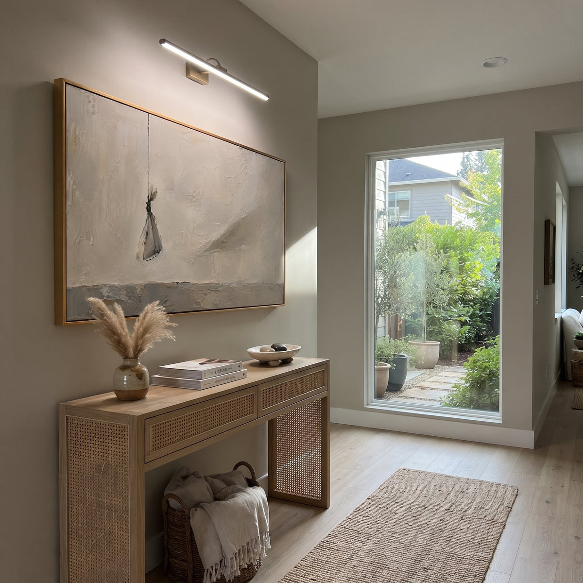 "Aeolus Wind Bag" shows a small suspended bundle drifting across a long pale horizon, recalling the bag of winds given to Odysseus and the fragile trust that was lost when it was opened. The object hangs alone, full of invisible force and consequence. White, grey and beige plaster texture makes the air feel sun-bleached, salt-worn and tense. Its panoramic layout gives the story room to breathe above sofas, beds and consoles, bringing subtle Odyssey symbolism into minimalist Mediterranean