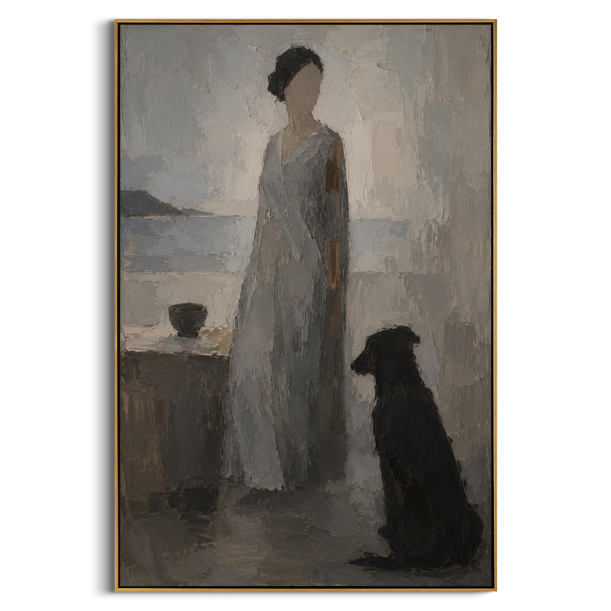 "Penelope And Argos By The Sea" places a quiet grey figure beside a black dog near a muted coast, returning to the Odyssey theme of loyalty under long absence. The woman and animal face the same suspended air, as if listening for a ship that may never arrive. Grey, black and white impasto softens them into memory and patience. This vertical work brings emotional Homeric stillness to bedrooms, living rooms and reading corners, pairing domestic devotion with refined coastal texture.