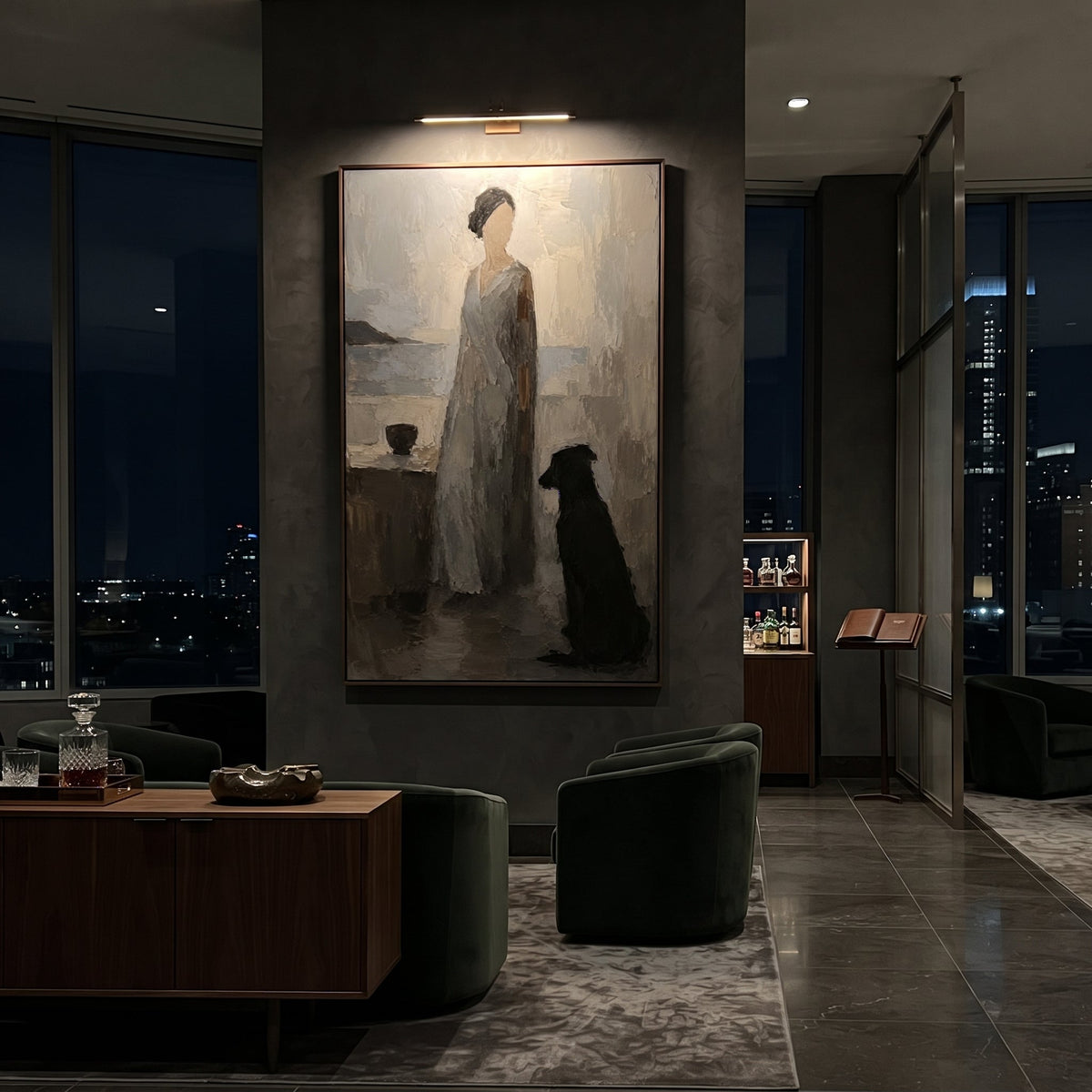 "Penelope And Argos By The Sea" places a quiet grey figure beside a black dog near a muted coast, returning to the Odyssey theme of loyalty under long absence. The woman and animal face the same suspended air, as if listening for a ship that may never arrive. Grey, black and white impasto softens them into memory and patience. This vertical work brings emotional Homeric stillness to bedrooms, living rooms and reading corners, pairing domestic devotion with refined coastal texture.