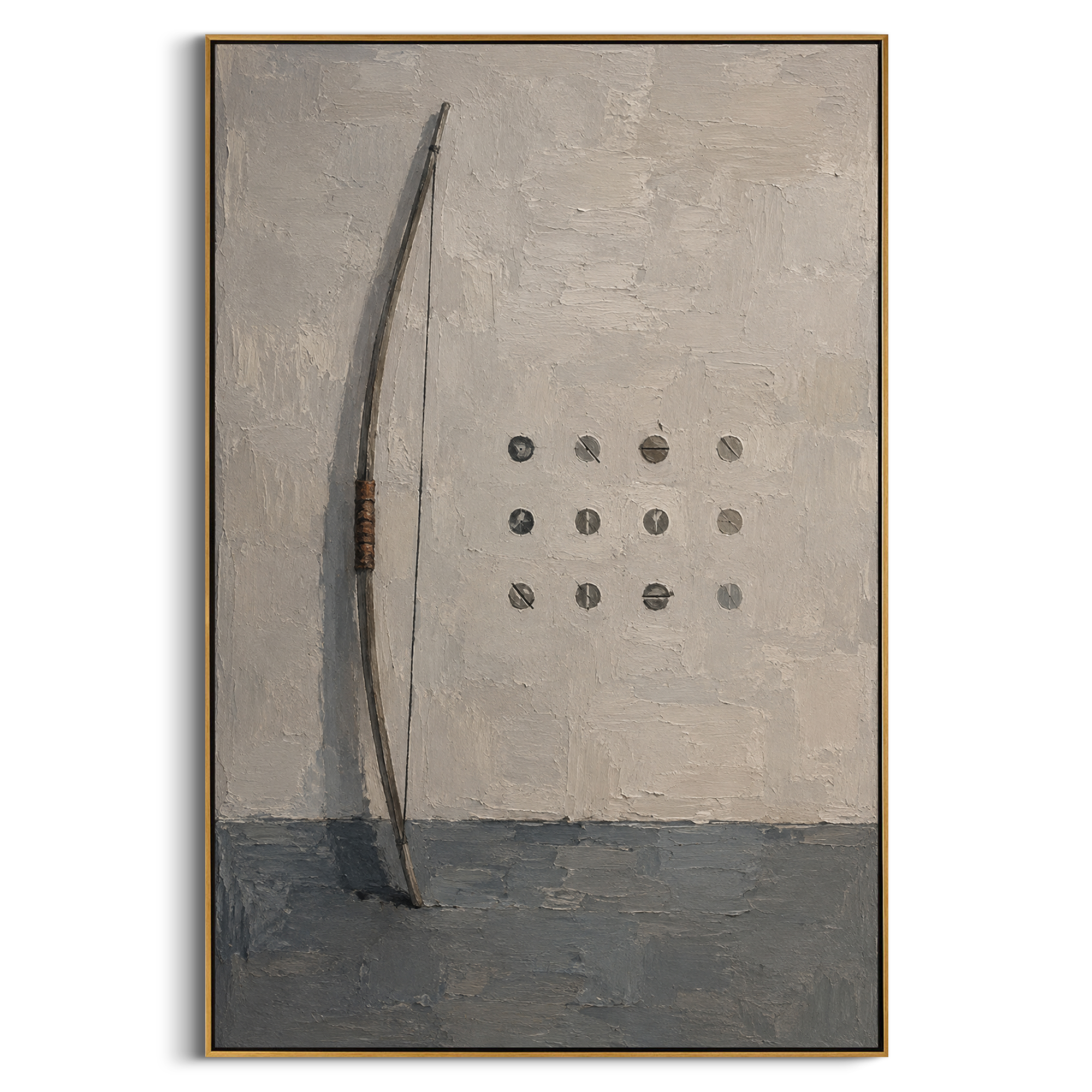 "Odysseus Bow Trial" presents a tall curved bow beside ordered target-like marks, turning the famous contest of the bow into a minimal ritual of strength, identity and return. The quiet geometry recalls the moment only Odysseus can string the weapon and reclaim his house. Grey, white and brown palette-knife texture gives the bow a carved, ancient presence. This vertical canvas is ideal for offices, studies and entryways, blending Homeric recognition with modern abstract discipline.