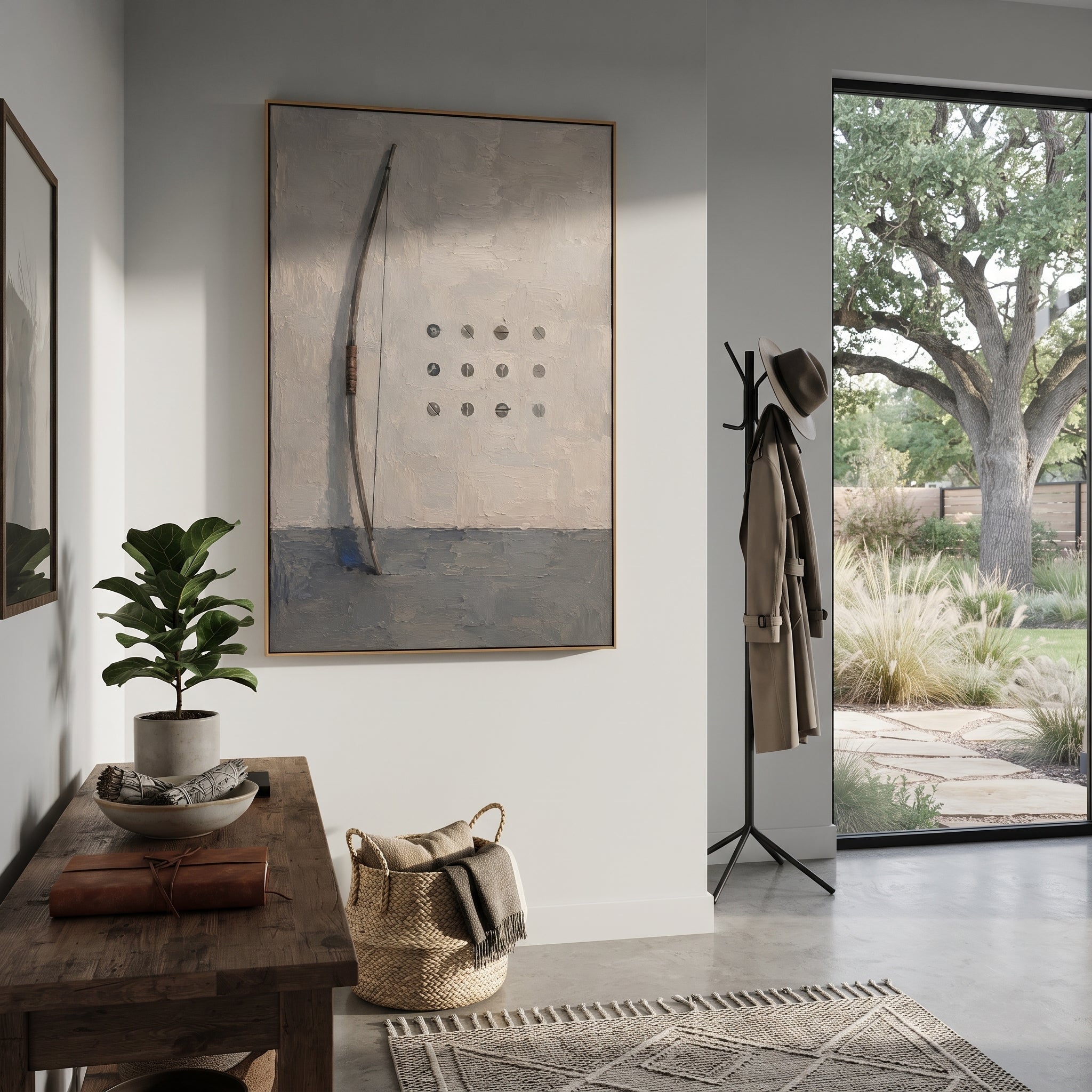 "Odysseus Bow Trial" presents a tall curved bow beside ordered target-like marks, turning the famous contest of the bow into a minimal ritual of strength, identity and return. The quiet geometry recalls the moment only Odysseus can string the weapon and reclaim his house. Grey, white and brown palette-knife texture gives the bow a carved, ancient presence. This vertical canvas is ideal for offices, studies and entryways, blending Homeric recognition with modern abstract discipline.