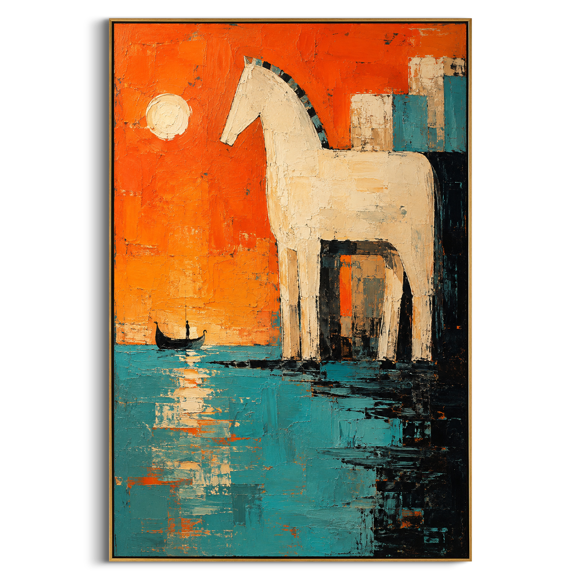 "Trojan Horse Burning Harbor" retells Troy in a brighter, more blazing register, with the white horse standing against orange sky and turquoise water as a small boat waits below. The color feels celebratory at first, yet the legend underneath is deception, fire and the beginning of wandering. Thick saturated impasto makes the horse bold and iconic. This vertical work brings vivid Mediterranean myth energy to bohemian living rooms, dining areas and vacation homes, pairing classical drama with
