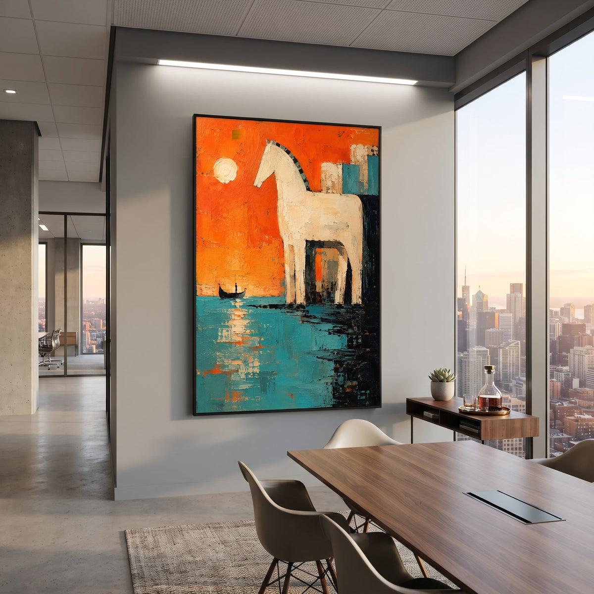 "Trojan Horse Burning Harbor" retells Troy in a brighter, more blazing register, with the white horse standing against orange sky and turquoise water as a small boat waits below. The color feels celebratory at first, yet the legend underneath is deception, fire and the beginning of wandering. Thick saturated impasto makes the horse bold and iconic. This vertical work brings vivid Mediterranean myth energy to bohemian living rooms, dining areas and vacation homes, pairing classical drama with