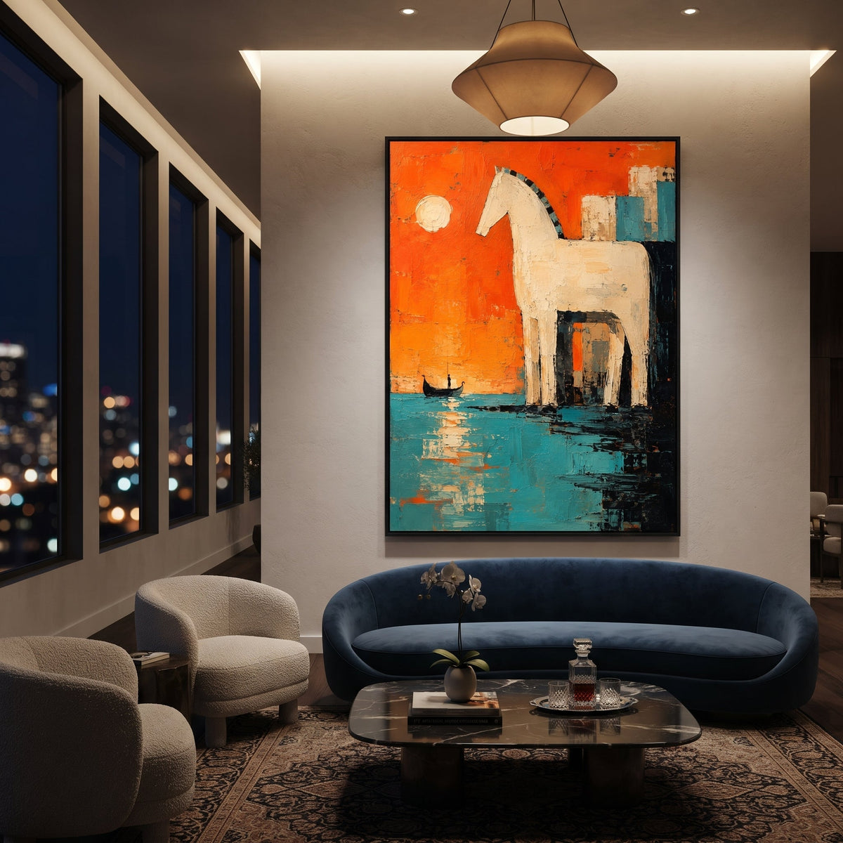 "Trojan Horse Burning Harbor" retells Troy in a brighter, more blazing register, with the white horse standing against orange sky and turquoise water as a small boat waits below. The color feels celebratory at first, yet the legend underneath is deception, fire and the beginning of wandering. Thick saturated impasto makes the horse bold and iconic. This vertical work brings vivid Mediterranean myth energy to bohemian living rooms, dining areas and vacation homes, pairing classical drama with