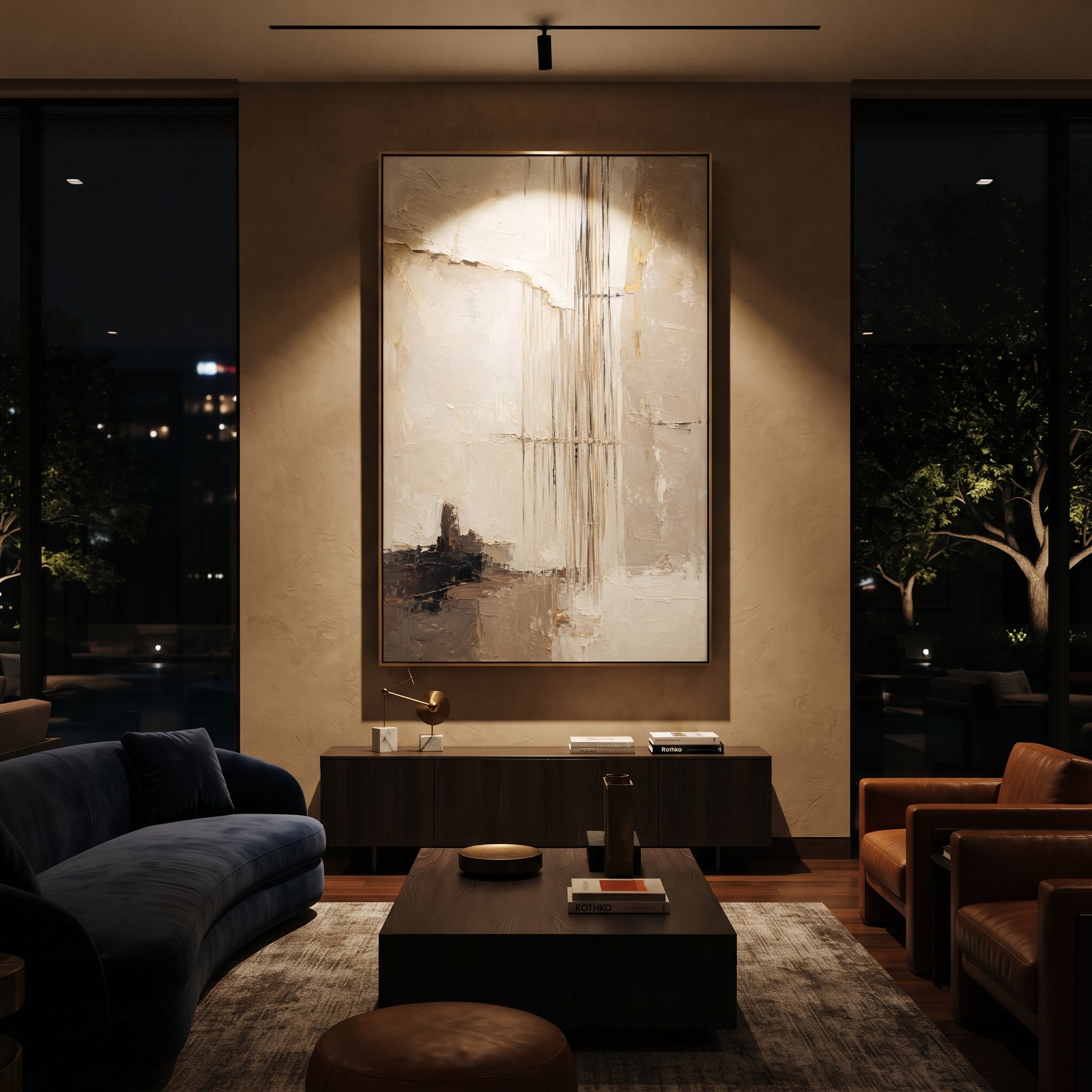 "Odysseus Ship Ropes" turns rigging, cords and pale sail-like planes into an abstract memory of the ship that carries the hero between islands. The thin vertical lines feel tense, as if holding wind, fate and crew together over a small dark shore. White, beige and black plaster layers create a quiet architectural surface with nautical restraint. This vertical canvas suits minimalist bedrooms, offices and entryways, bringing seafaring Odyssey symbolism into a clean wabi-sabi language.