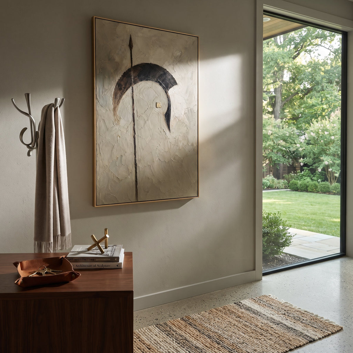 "Odysseus Shield And Spear" sets a dark shield form and tall spear against olive-toned ground, turning the returning warrior into an emblem rather than a figure. The small golden accent feels like a hidden seal of identity, a quiet sign before recognition. Green, black and golden impasto gives the vertical canvas a ceremonial weight. It brings classical Mediterranean strength to studies, entryways and living rooms, blending Odyssey hero symbolism with restrained modern heavy texture.