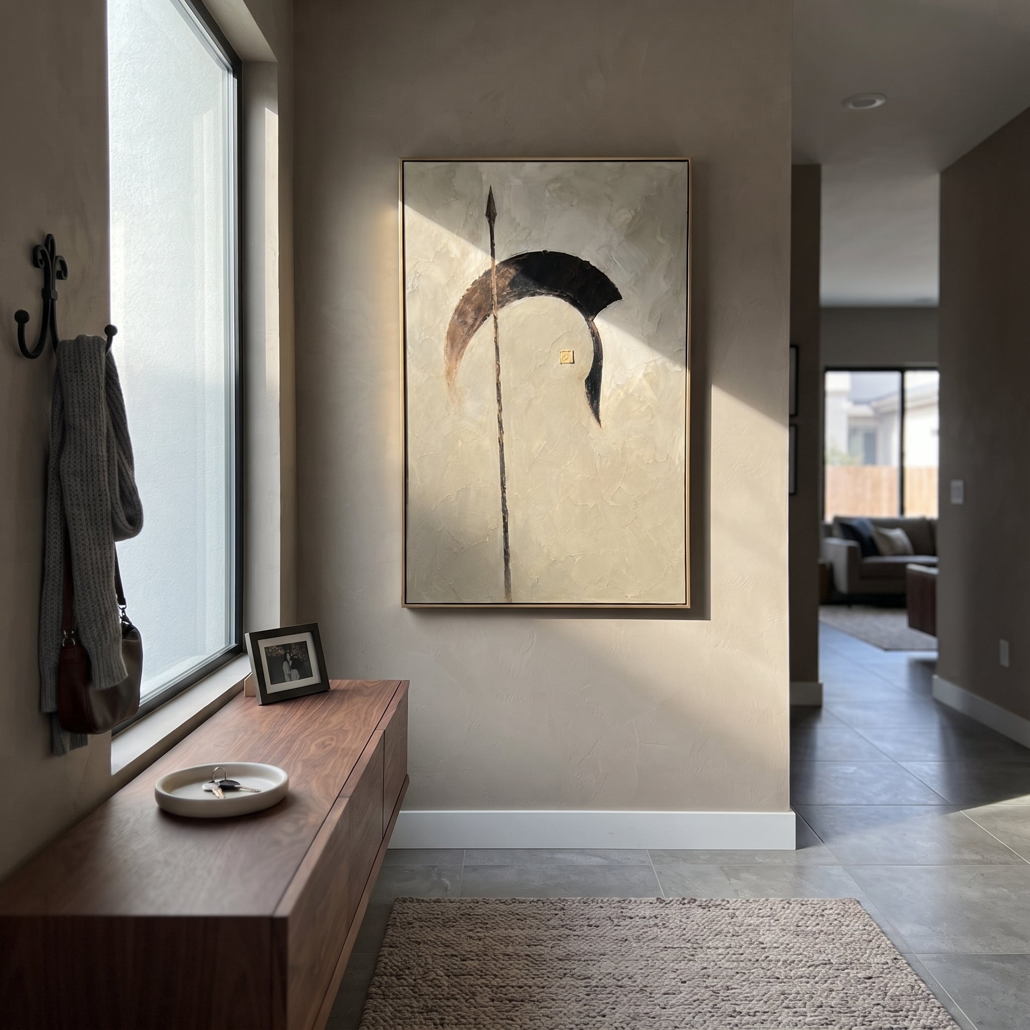 "Odysseus Shield And Spear" sets a dark shield form and tall spear against olive-toned ground, turning the returning warrior into an emblem rather than a figure. The small golden accent feels like a hidden seal of identity, a quiet sign before recognition. Green, black and golden impasto gives the vertical canvas a ceremonial weight. It brings classical Mediterranean strength to studies, entryways and living rooms, blending Odyssey hero symbolism with restrained modern heavy texture.