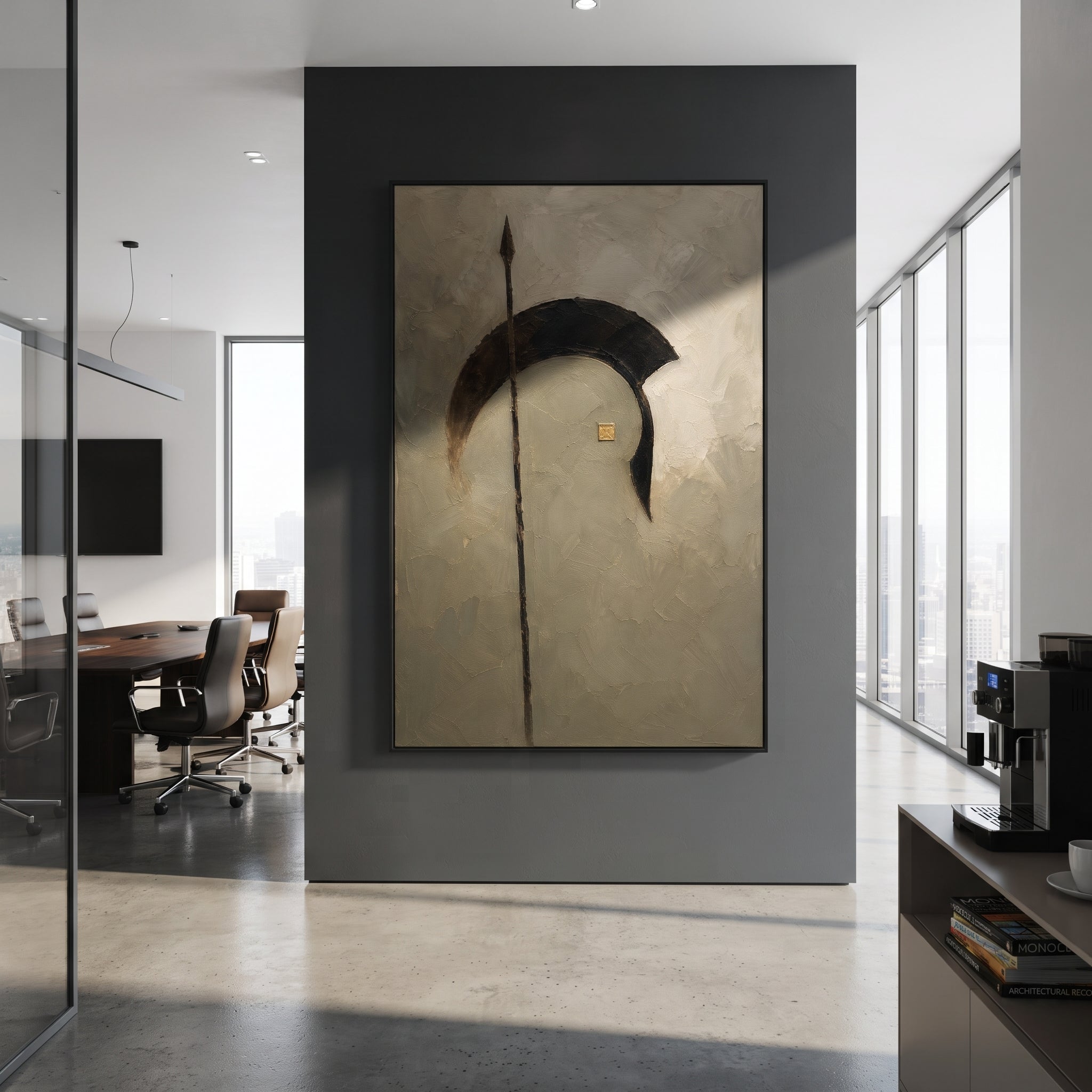 "Odysseus Shield And Spear" sets a dark shield form and tall spear against olive-toned ground, turning the returning warrior into an emblem rather than a figure. The small golden accent feels like a hidden seal of identity, a quiet sign before recognition. Green, black and golden impasto gives the vertical canvas a ceremonial weight. It brings classical Mediterranean strength to studies, entryways and living rooms, blending Odyssey hero symbolism with restrained modern heavy texture.