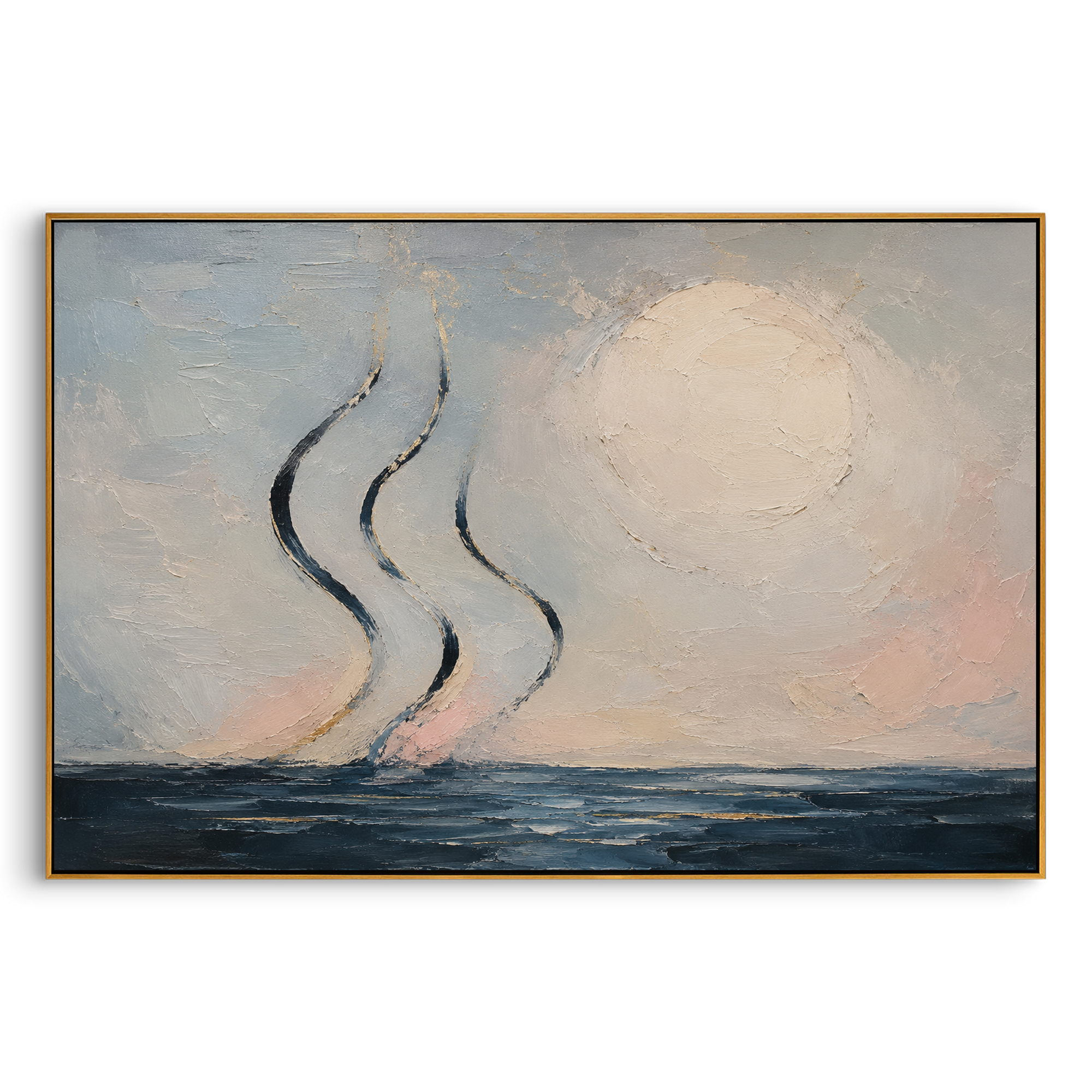"Aeolus Winds Over The Sea" makes the invisible force of the winds visible as three dark ribbons rising over a pale blue horizon. The sea remains calm, but the air carries the story: favor from the wind keeper, human impatience and the sudden loss of the route home. Blue, white and pink palette-knife texture creates a breezy, luminous surface. This horizontal canvas brings soft Homeric movement to bedrooms, coastal living rooms and vacation homes, pairing abstract seascape poetry with handmade