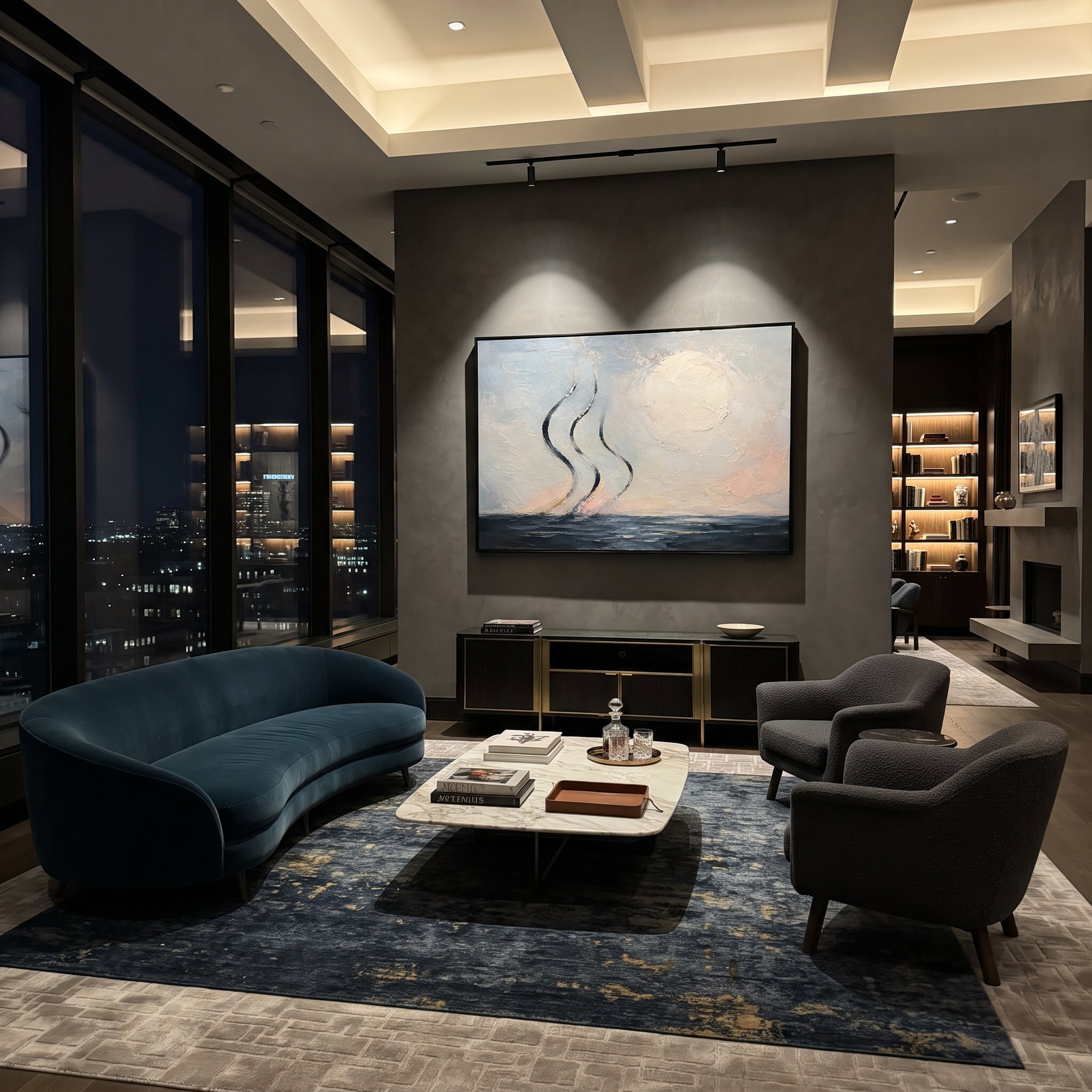 "Aeolus Winds Over The Sea" makes the invisible force of the winds visible as three dark ribbons rising over a pale blue horizon. The sea remains calm, but the air carries the story: favor from the wind keeper, human impatience and the sudden loss of the route home. Blue, white and pink palette-knife texture creates a breezy, luminous surface. This horizontal canvas brings soft Homeric movement to bedrooms, coastal living rooms and vacation homes, pairing abstract seascape poetry with handmade
