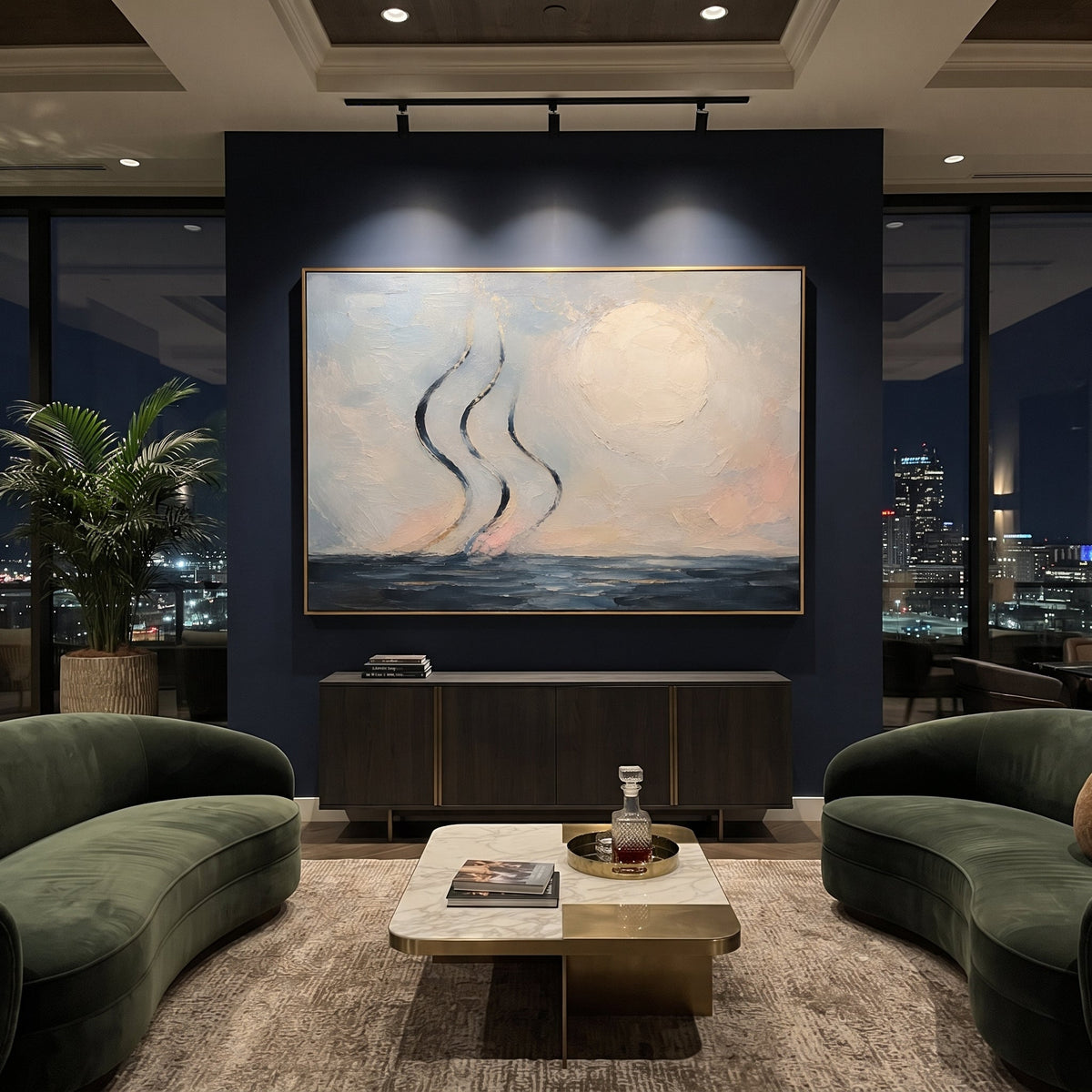 "Aeolus Winds Over The Sea" makes the invisible force of the winds visible as three dark ribbons rising over a pale blue horizon. The sea remains calm, but the air carries the story: favor from the wind keeper, human impatience and the sudden loss of the route home. Blue, white and pink palette-knife texture creates a breezy, luminous surface. This horizontal canvas brings soft Homeric movement to bedrooms, coastal living rooms and vacation homes, pairing abstract seascape poetry with handmade