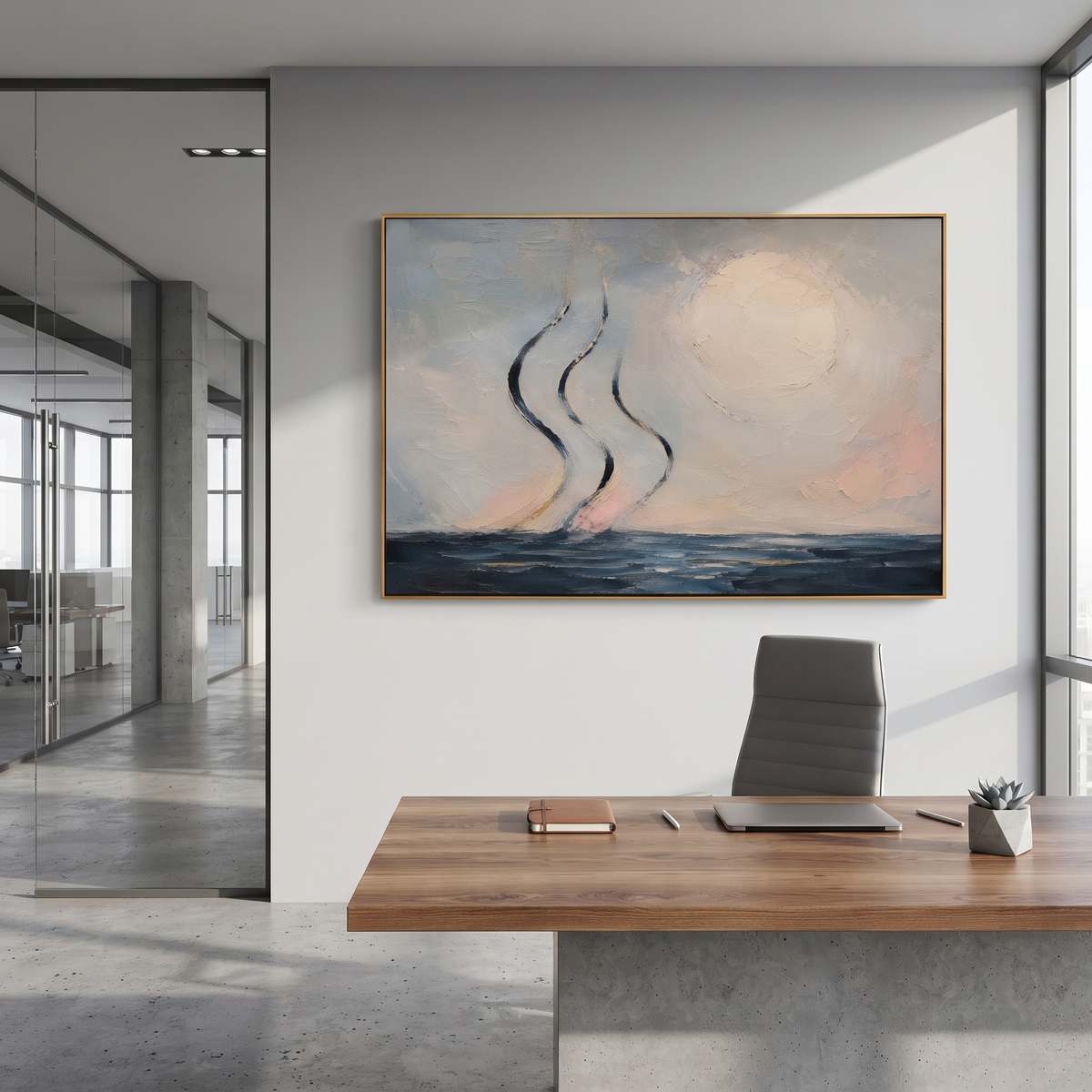 "Aeolus Winds Over The Sea" makes the invisible force of the winds visible as three dark ribbons rising over a pale blue horizon. The sea remains calm, but the air carries the story: favor from the wind keeper, human impatience and the sudden loss of the route home. Blue, white and pink palette-knife texture creates a breezy, luminous surface. This horizontal canvas brings soft Homeric movement to bedrooms, coastal living rooms and vacation homes, pairing abstract seascape poetry with handmade
