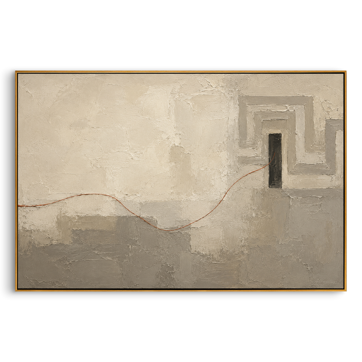 "Ariadne Thread To Ithaca Door" borrows the Greek labyrinth symbol and bends it toward Odysseus return: a red thread travels across a pale landscape toward a distant geometric doorway, suggesting the fragile path back through disguise, memory and home. White and grey plaster gives the scene ancient calm while the red line holds human urgency. This horizontal canvas suits hallways, offices, entry spaces and living rooms, blending mythic navigation with refined Mediterranean minimalism.