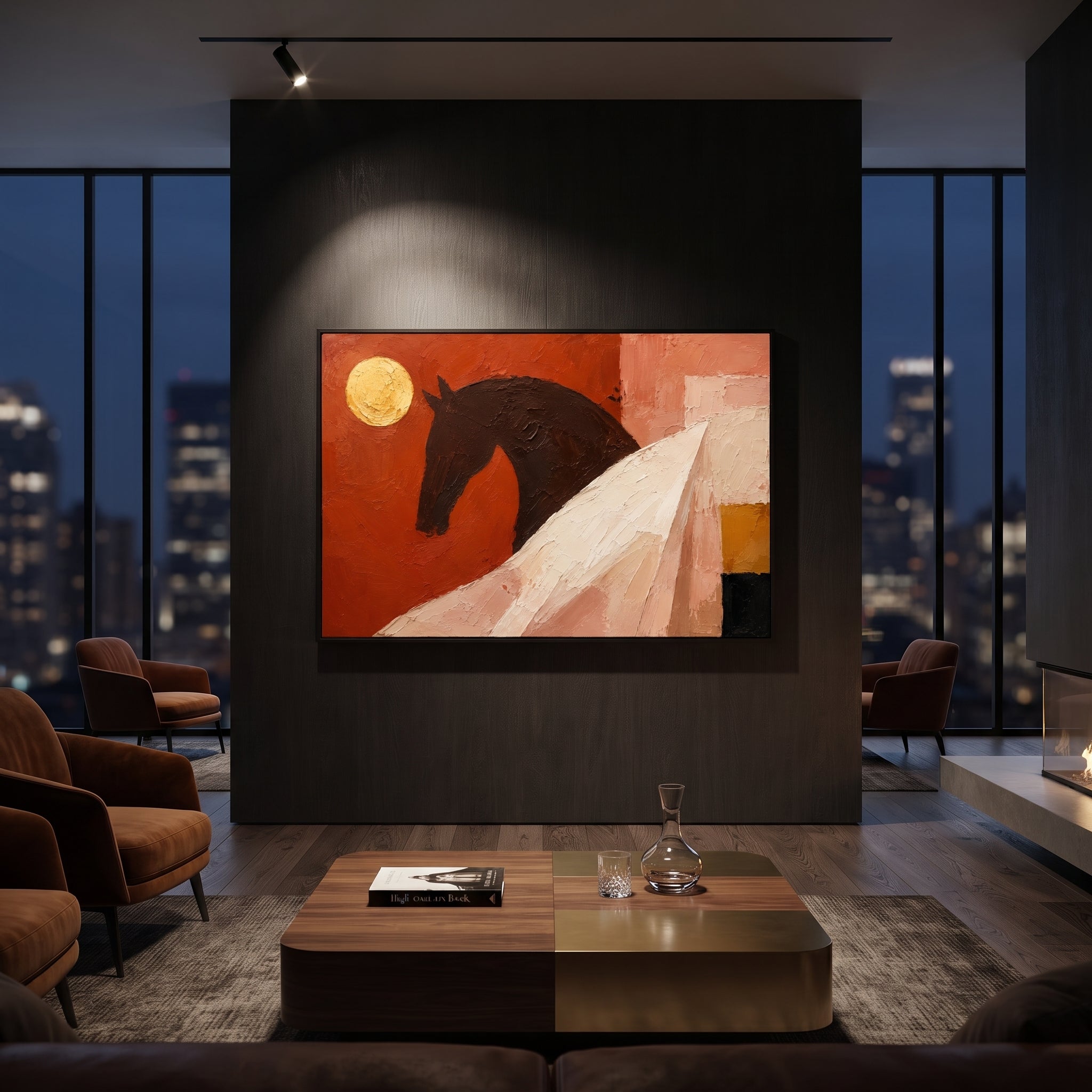 "Trojan Horse Under Red Moon" darkens the horse into a powerful silhouette beneath a golden moon and red-pink sky, with a white sail-like form cutting across the foreground. It feels like the night between victory and voyage, when Troy has fallen but Odysseus fate has only begun. Thick saturated paint creates bold tactile drama for contemporary bohemian and Mediterranean interiors. Its horizontal composition delivers a strong mythic focal point above sofas, beds and dining tables.