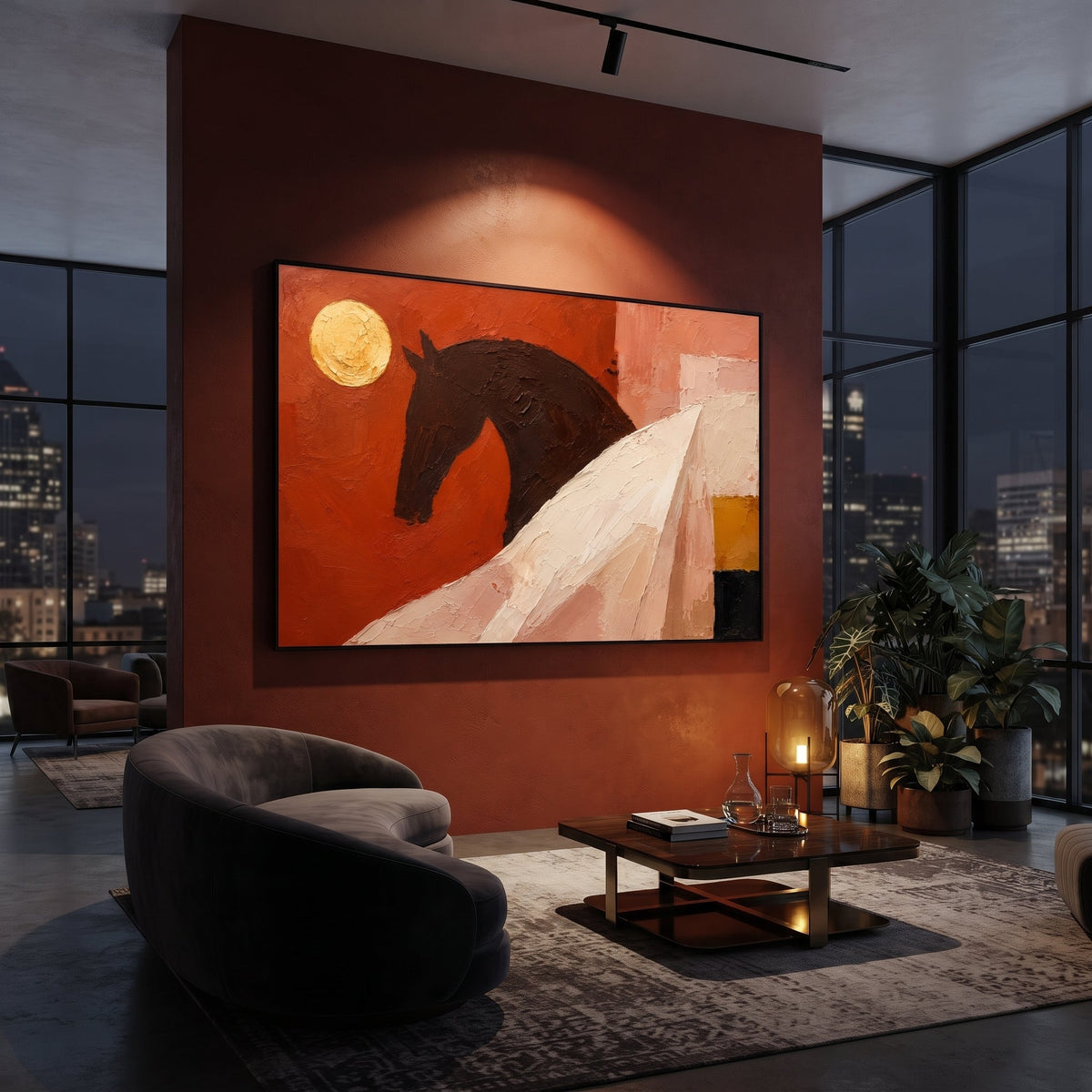 "Trojan Horse Under Red Moon" darkens the horse into a powerful silhouette beneath a golden moon and red-pink sky, with a white sail-like form cutting across the foreground. It feels like the night between victory and voyage, when Troy has fallen but Odysseus fate has only begun. Thick saturated paint creates bold tactile drama for contemporary bohemian and Mediterranean interiors. Its horizontal composition delivers a strong mythic focal point above sofas, beds and dining tables.