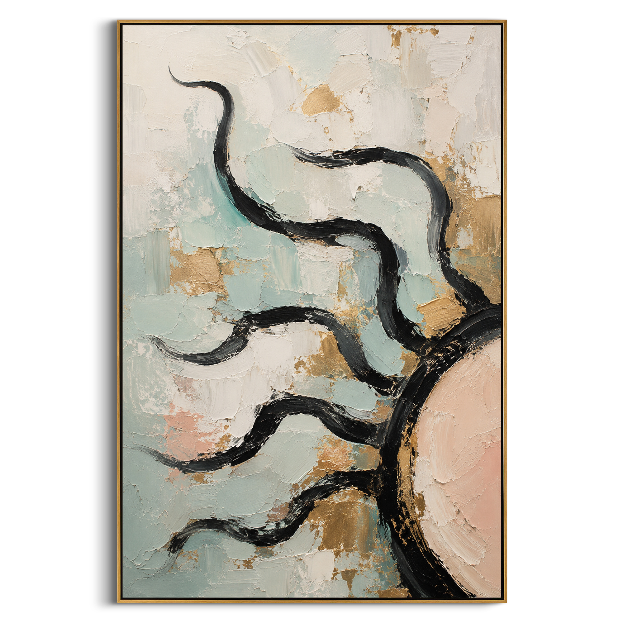 "Scylla Serpent Odyssey" lets black serpent-like forms twist across pale blue and pink texture, recalling the monstrous passage where Odysseus must sacrifice one danger to survive another. The creature is abstract, but its movement feels sudden, predatory and sea-born. Raised plaster and scraped color keep the background atmospheric, like foam, rock and bruised sky. This vertical work brings dramatic Homeric energy to modern living rooms, bedrooms and creative spaces, blending monster symbolism