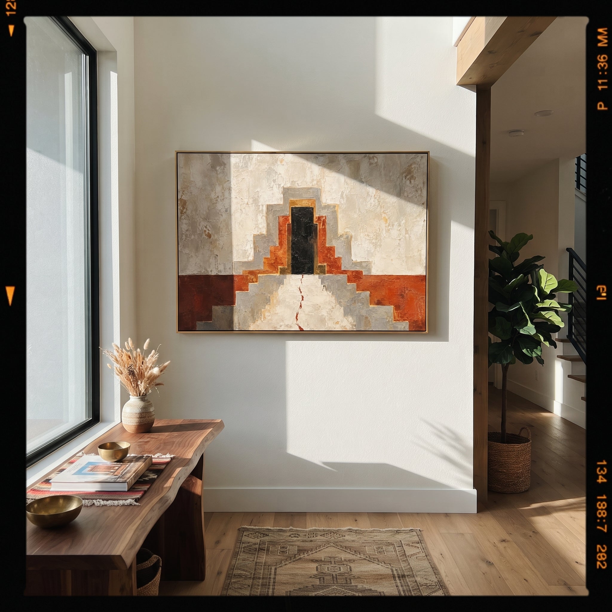 "Odysseus Temple Door" leads the eye up red-brown steps toward a black doorway, with a thin red line crossing the architecture like a clue, wound or path of fate. The scene suggests an ancient sanctuary encountered during the wandering, where every threshold may hold prophecy or danger. Beige plaster walls and geometric structure give the work ceremonial weight. This horizontal canvas suits entryways, studies and dining rooms, bringing Mediterranean myth architecture into a modern heavy impasto