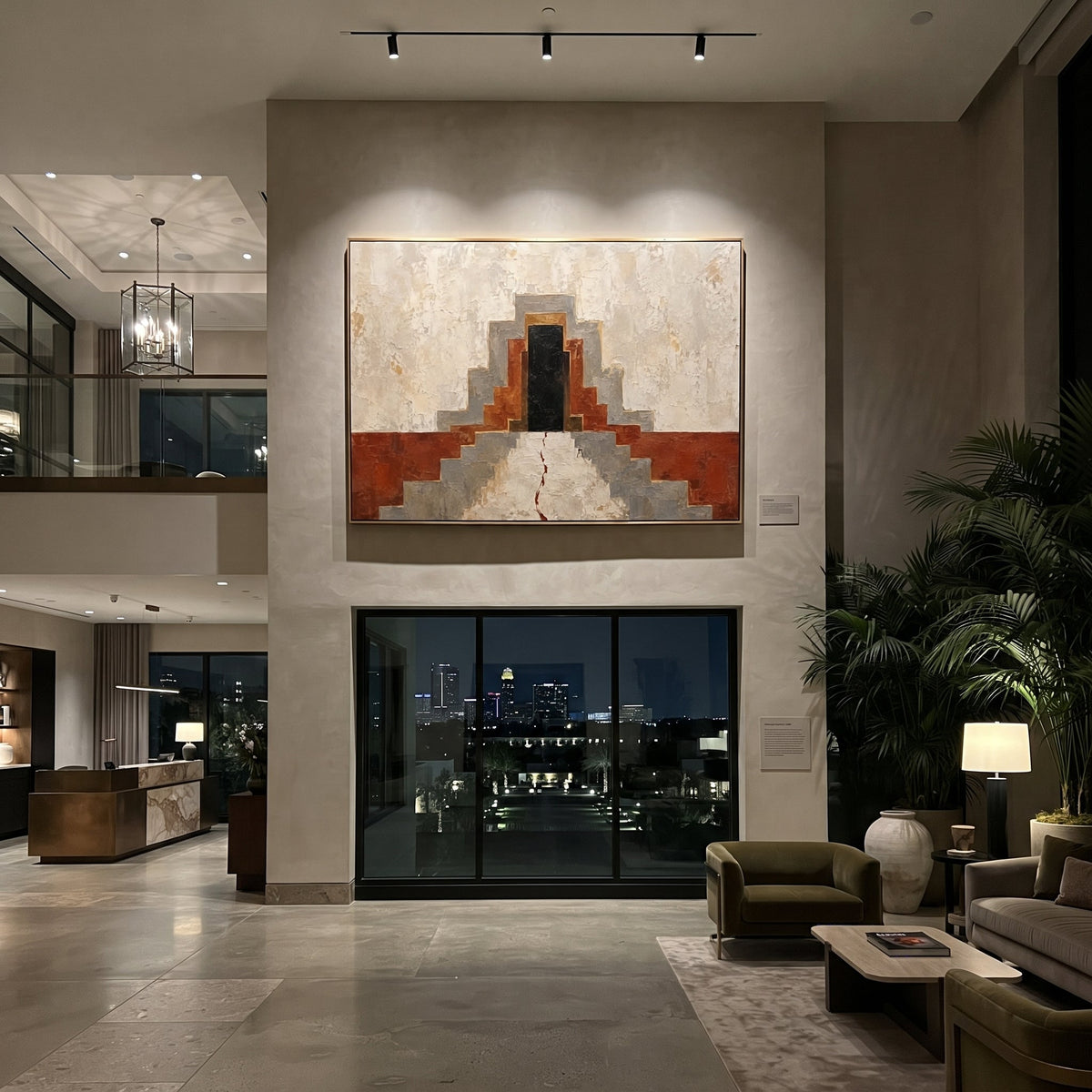 "Odysseus Temple Door" leads the eye up red-brown steps toward a black doorway, with a thin red line crossing the architecture like a clue, wound or path of fate. The scene suggests an ancient sanctuary encountered during the wandering, where every threshold may hold prophecy or danger. Beige plaster walls and geometric structure give the work ceremonial weight. This horizontal canvas suits entryways, studies and dining rooms, bringing Mediterranean myth architecture into a modern heavy impasto