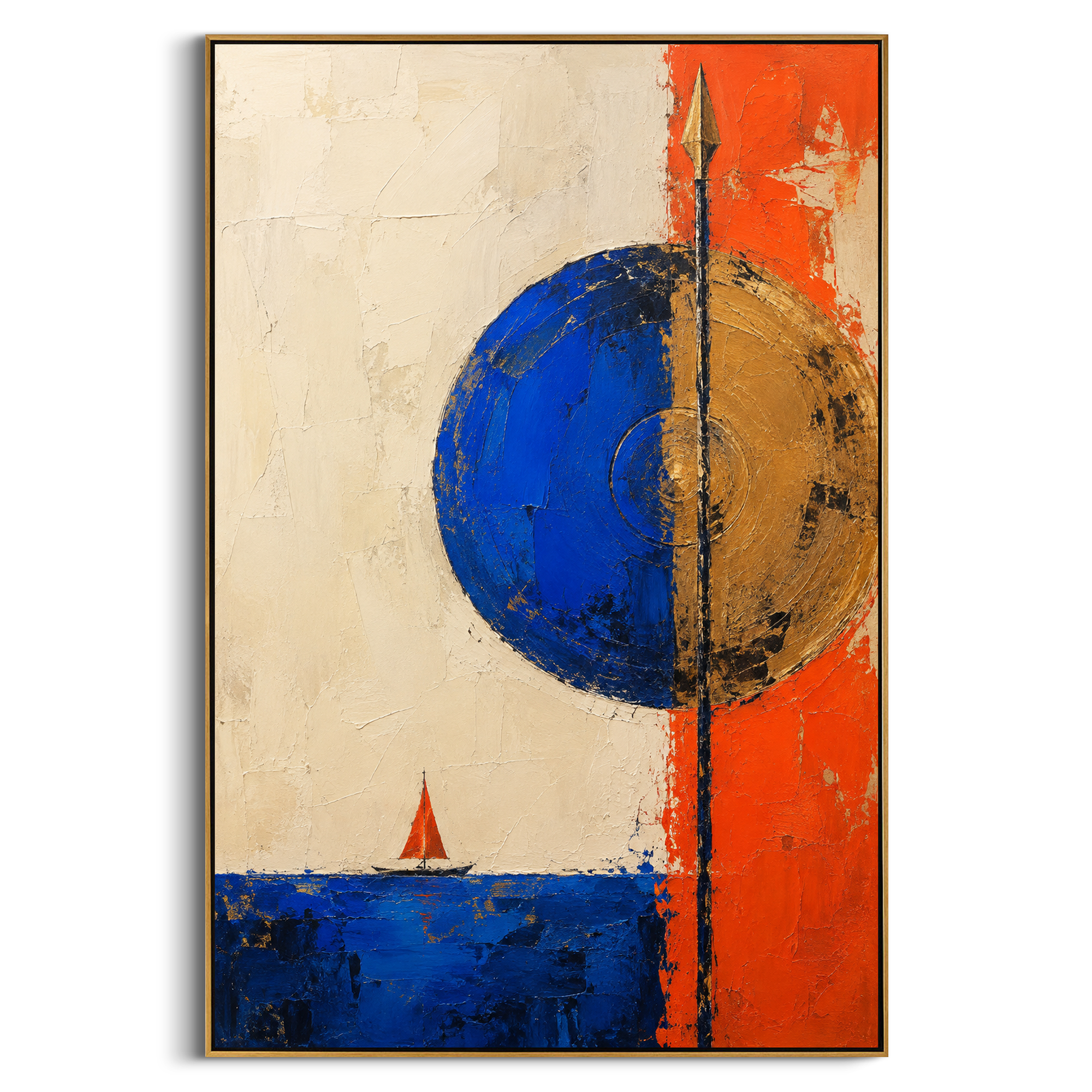 "Athena Shield Over Ithaca" combines a blue shield, golden disk, vertical spear and tiny red sail into a bold emblem of protection over the returning hero. The composition feels like a banner raised for Odysseus: strategy, sea passage and divine guidance held in one graphic field. Thick blue, orange and golden paint builds a sculptural modern surface. This vertical canvas brings confident Homeric energy to entryways, offices and living rooms, blending Athena symbolism with vibrant Mediterranean