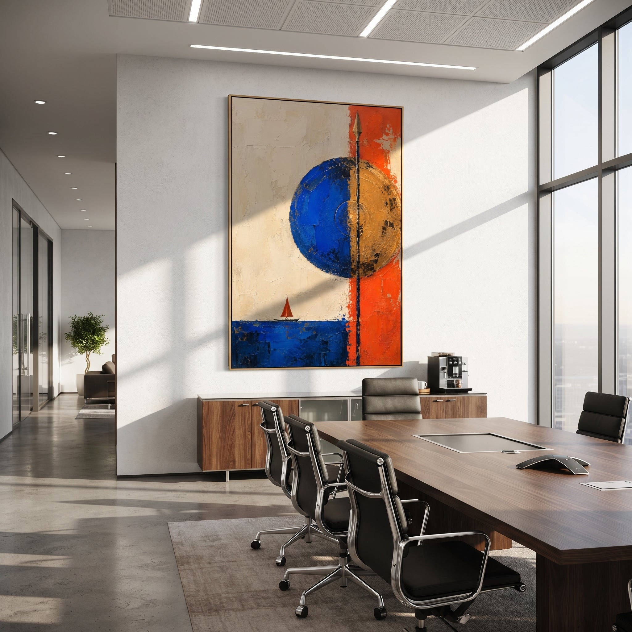 "Athena Shield Over Ithaca" combines a blue shield, golden disk, vertical spear and tiny red sail into a bold emblem of protection over the returning hero. The composition feels like a banner raised for Odysseus: strategy, sea passage and divine guidance held in one graphic field. Thick blue, orange and golden paint builds a sculptural modern surface. This vertical canvas brings confident Homeric energy to entryways, offices and living rooms, blending Athena symbolism with vibrant Mediterranean