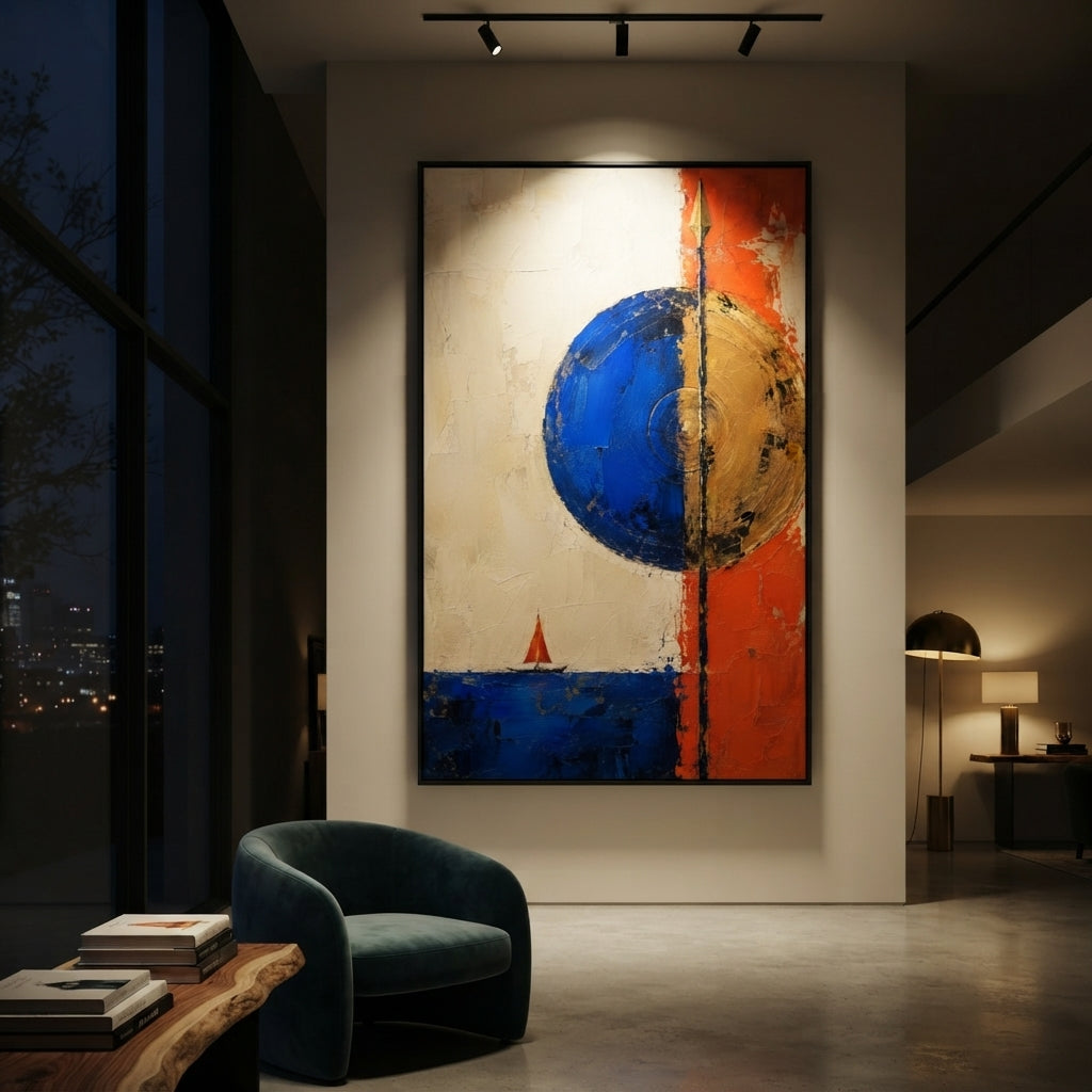 "Athena Shield Over Ithaca" combines a blue shield, golden disk, vertical spear and tiny red sail into a bold emblem of protection over the returning hero. The composition feels like a banner raised for Odysseus: strategy, sea passage and divine guidance held in one graphic field. Thick blue, orange and golden paint builds a sculptural modern surface. This vertical canvas brings confident Homeric energy to entryways, offices and living rooms, blending Athena symbolism with vibrant Mediterranean