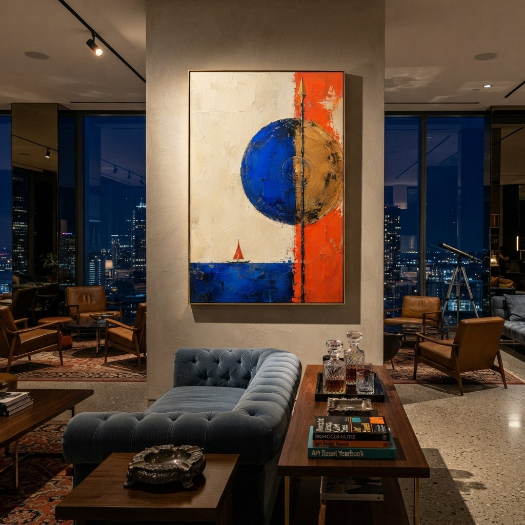"Athena Shield Over Ithaca" combines a blue shield, golden disk, vertical spear and tiny red sail into a bold emblem of protection over the returning hero. The composition feels like a banner raised for Odysseus: strategy, sea passage and divine guidance held in one graphic field. Thick blue, orange and golden paint builds a sculptural modern surface. This vertical canvas brings confident Homeric energy to entryways, offices and living rooms, blending Athena symbolism with vibrant Mediterranean