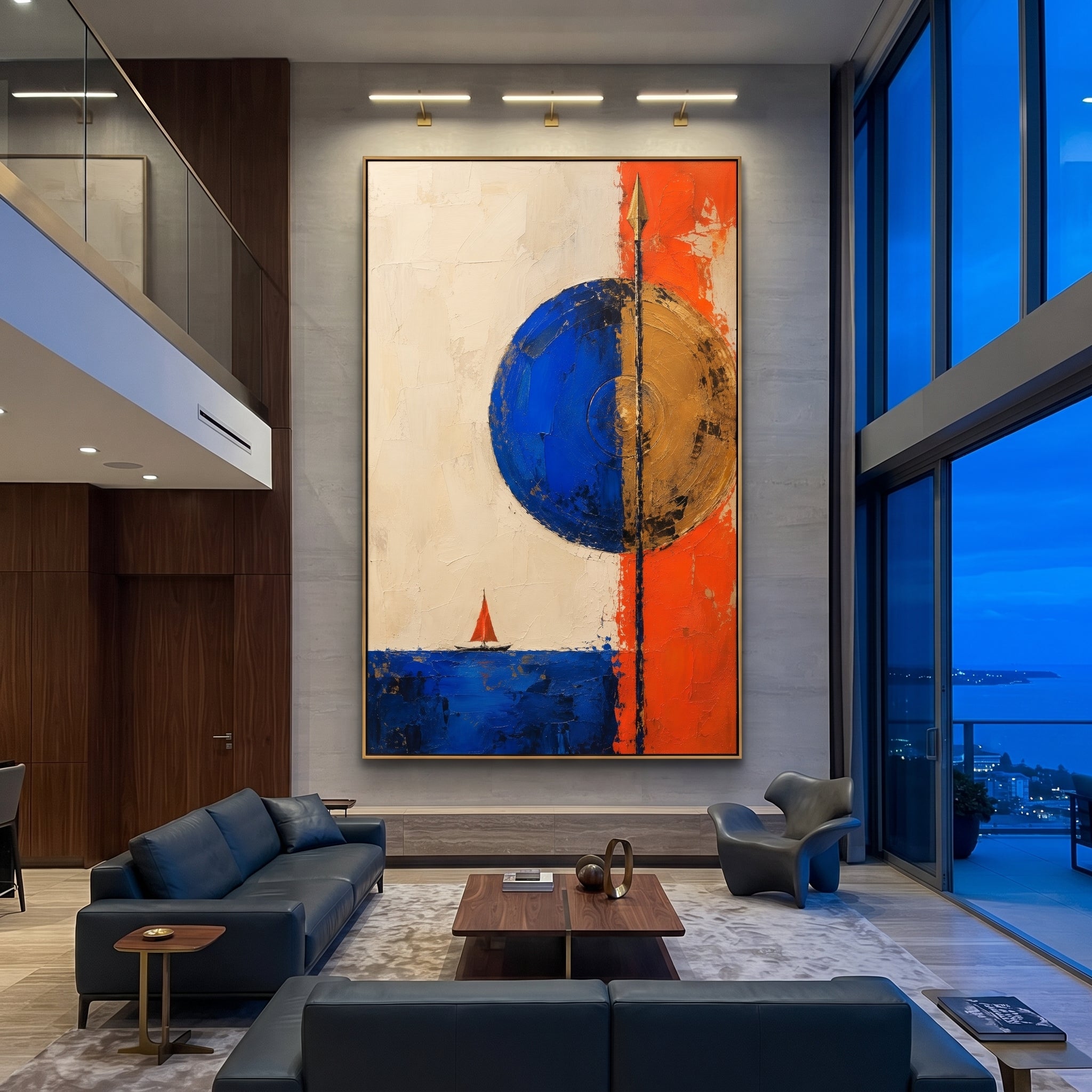 "Athena Shield Over Ithaca" combines a blue shield, golden disk, vertical spear and tiny red sail into a bold emblem of protection over the returning hero. The composition feels like a banner raised for Odysseus: strategy, sea passage and divine guidance held in one graphic field. Thick blue, orange and golden paint builds a sculptural modern surface. This vertical canvas brings confident Homeric energy to entryways, offices and living rooms, blending Athena symbolism with vibrant Mediterranean