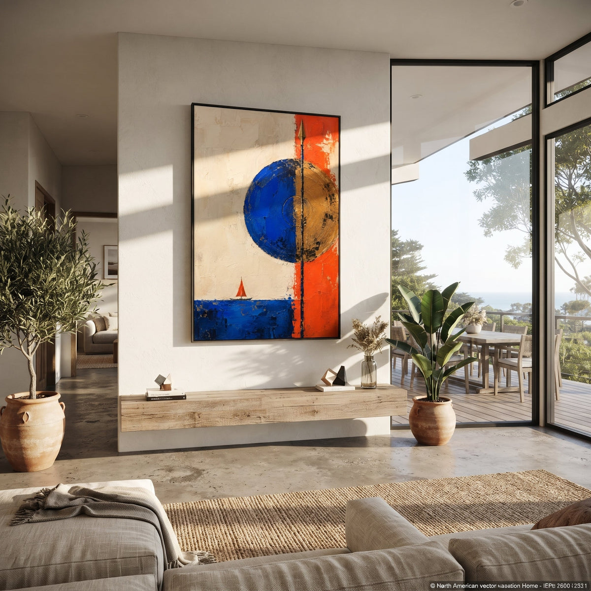 "Athena Shield Over Ithaca" combines a blue shield, golden disk, vertical spear and tiny red sail into a bold emblem of protection over the returning hero. The composition feels like a banner raised for Odysseus: strategy, sea passage and divine guidance held in one graphic field. Thick blue, orange and golden paint builds a sculptural modern surface. This vertical canvas brings confident Homeric energy to entryways, offices and living rooms, blending Athena symbolism with vibrant Mediterranean